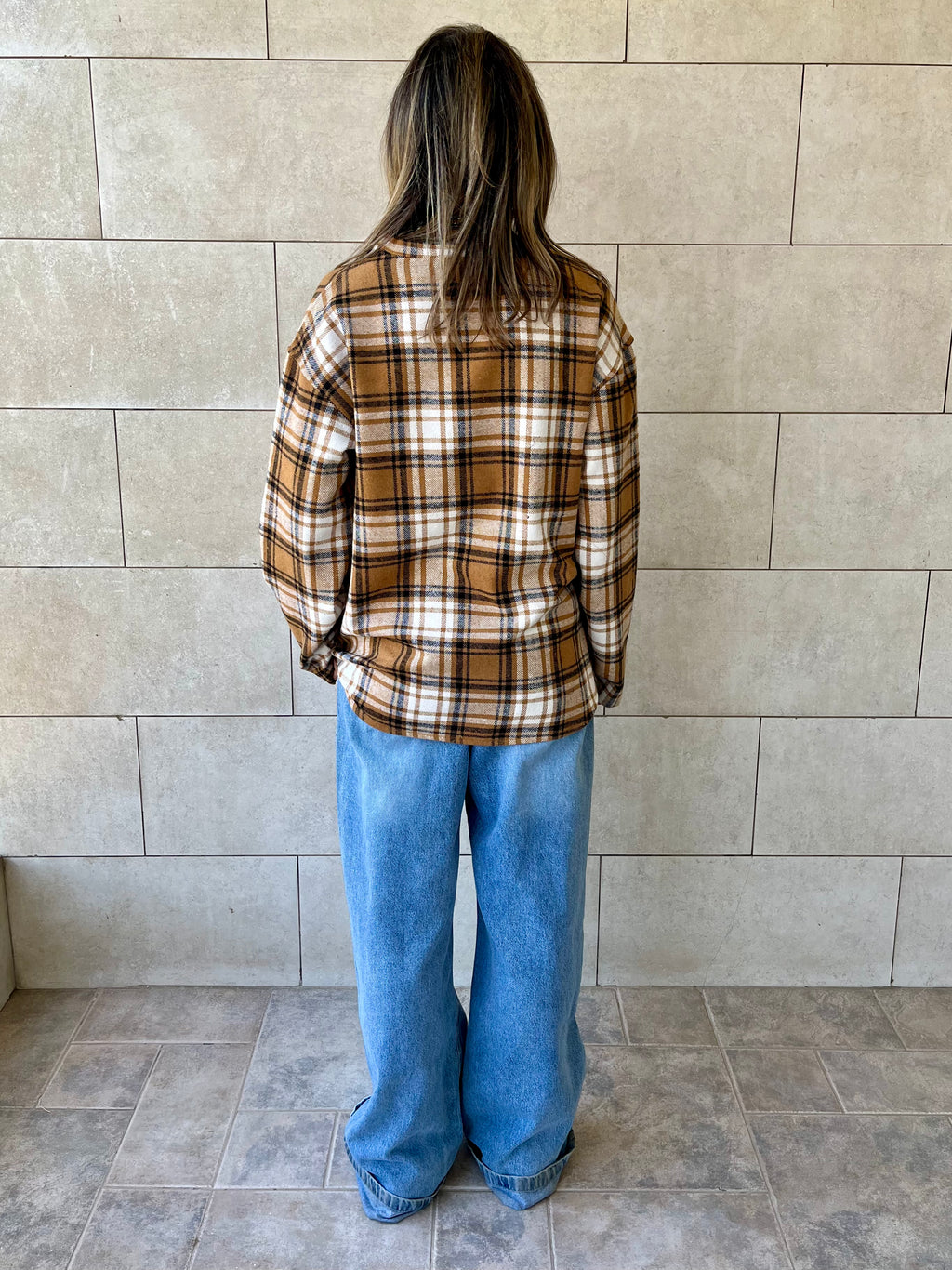 Camel Plaid Button Down Henley