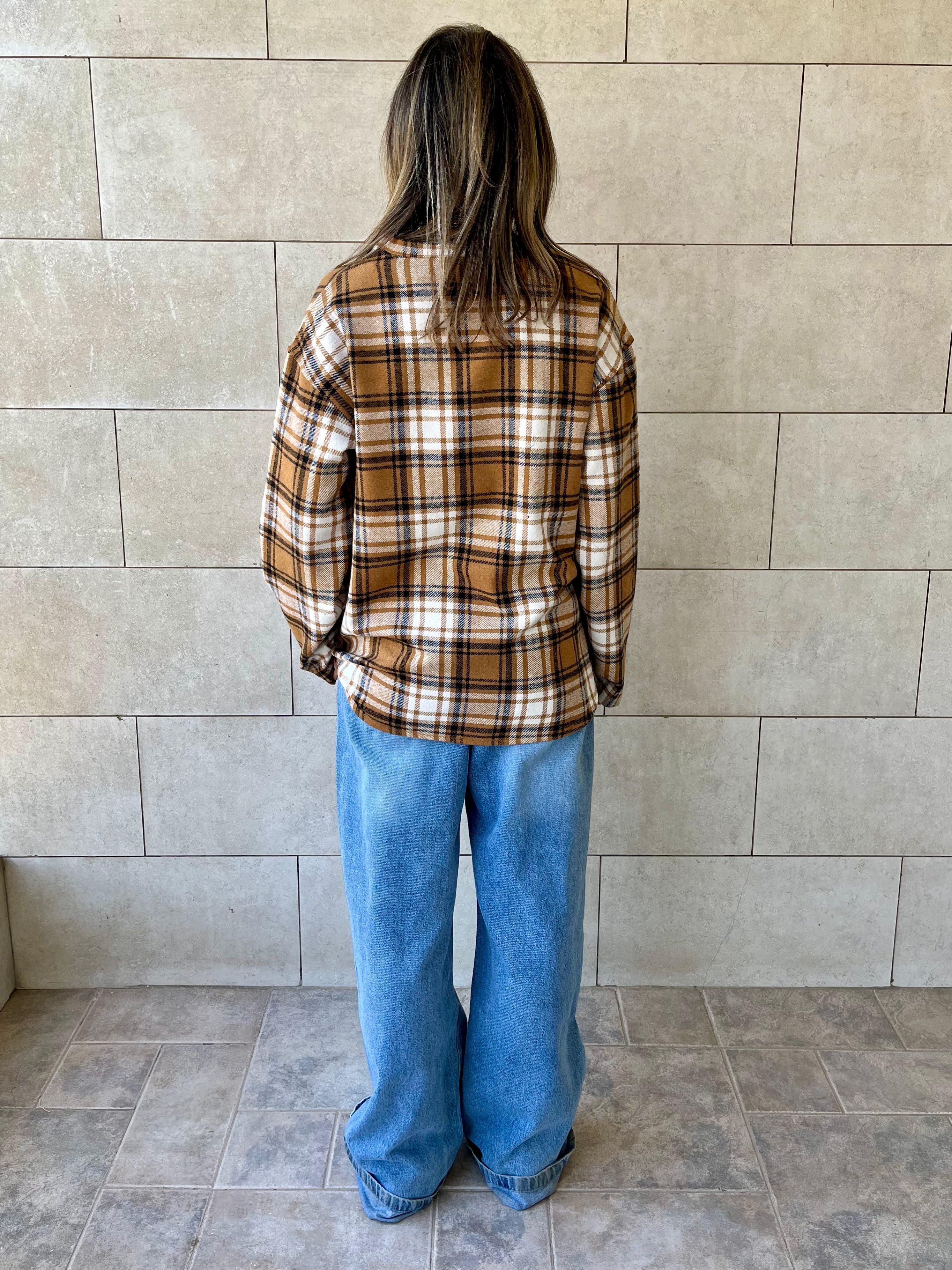 Camel Plaid Button Down Henley