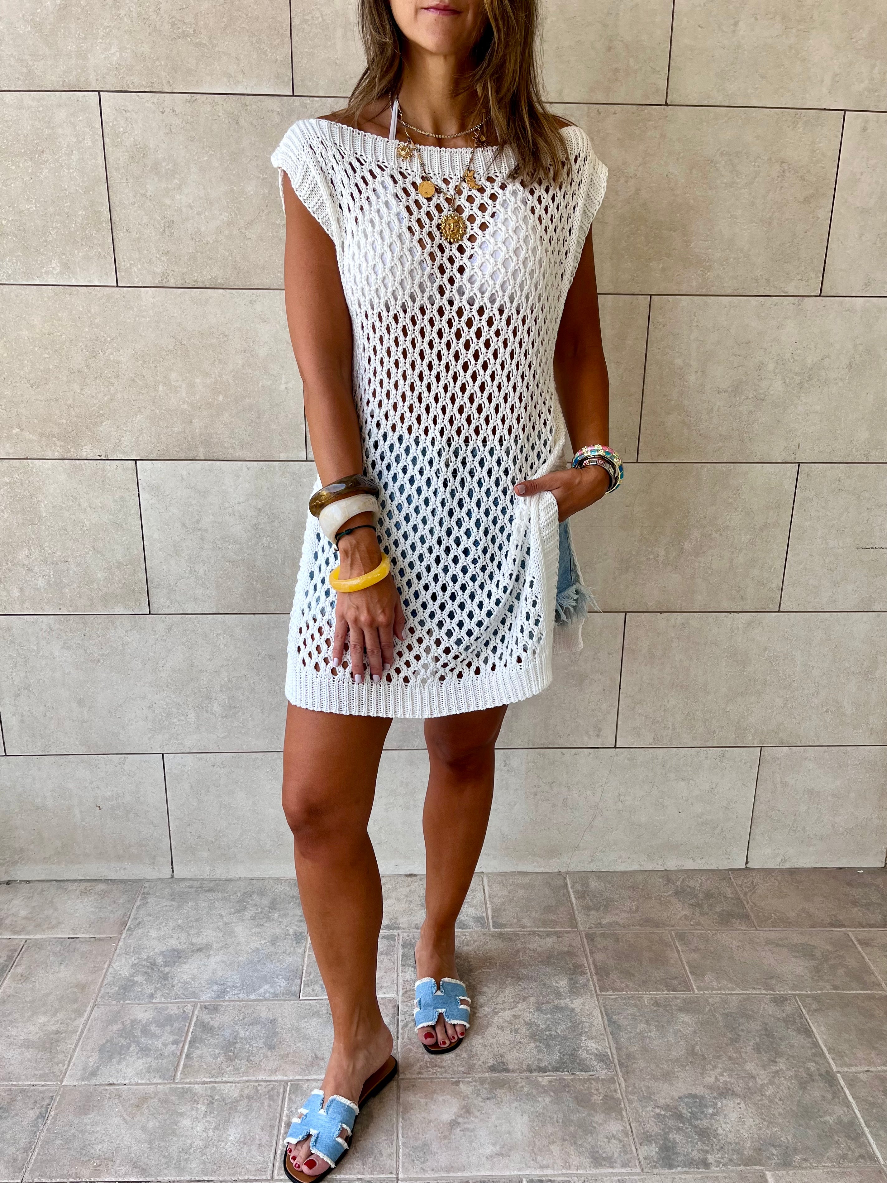 White Crochet Mini Throw Over Cover-Up