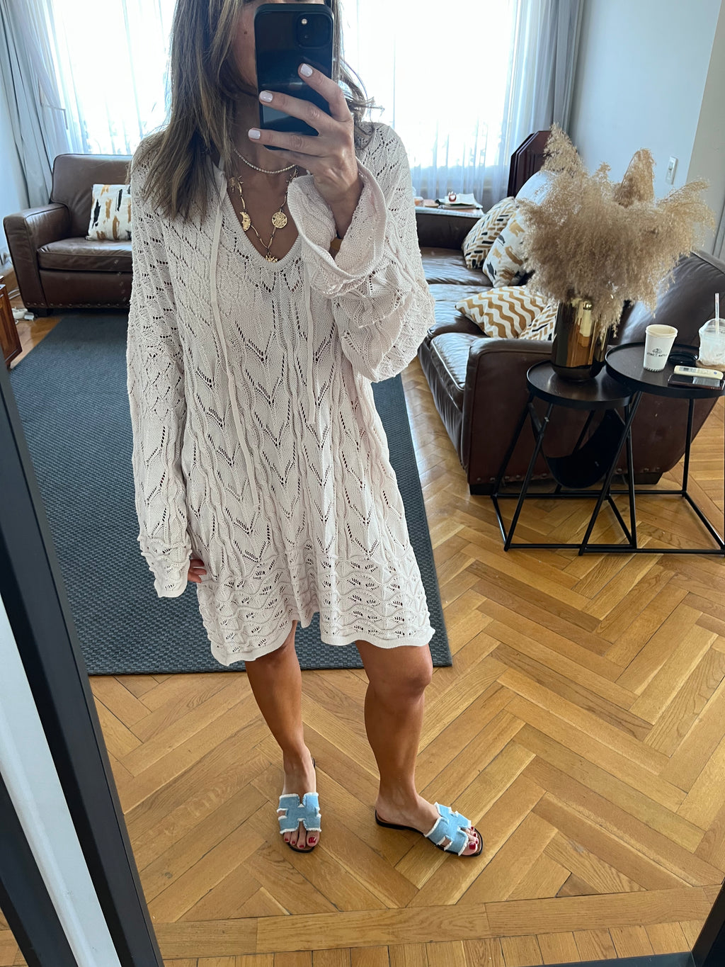 Beige Warm Weather Crochet Mini Dress