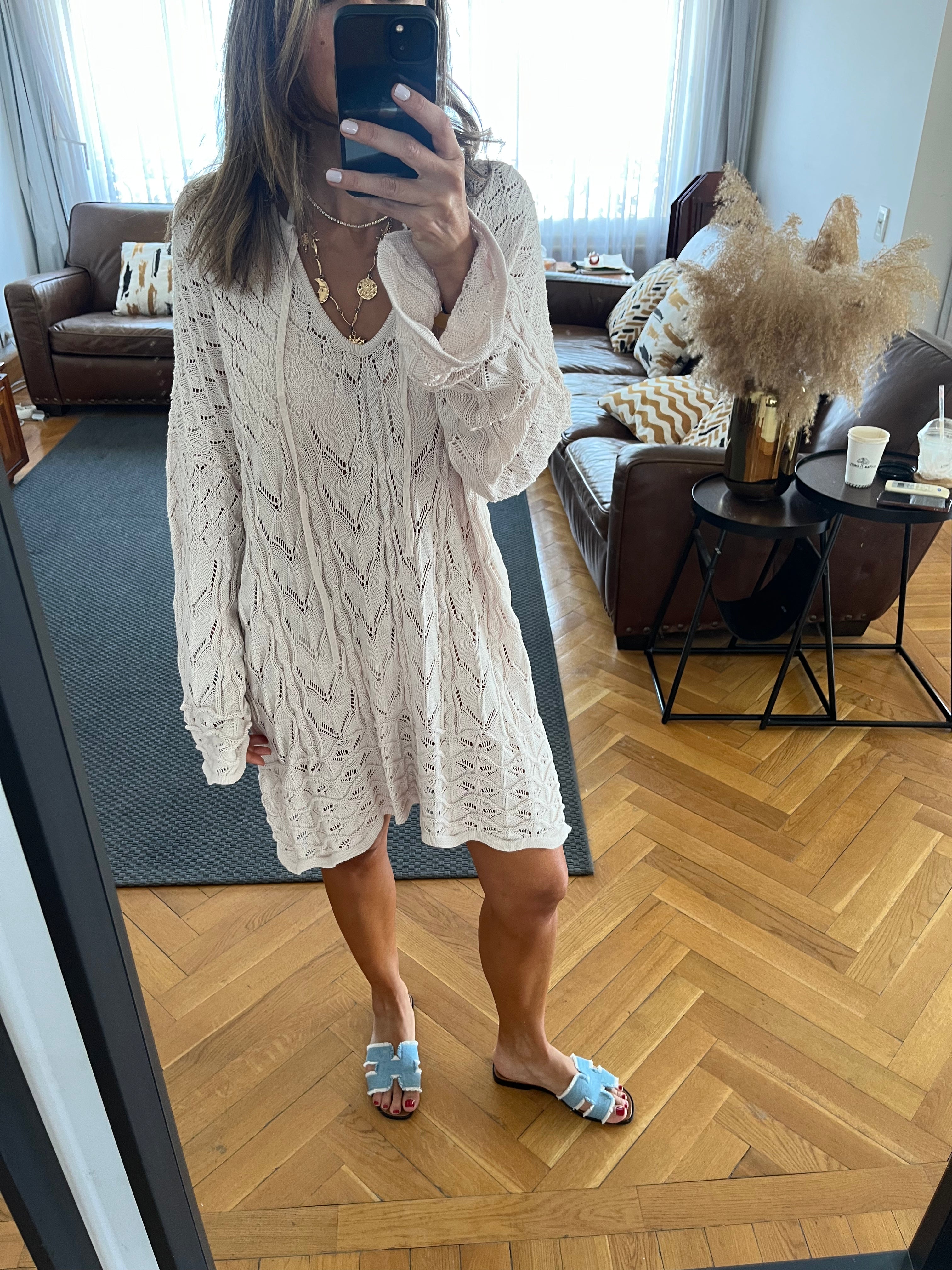 Beige Warm Weather Crochet Mini Dress