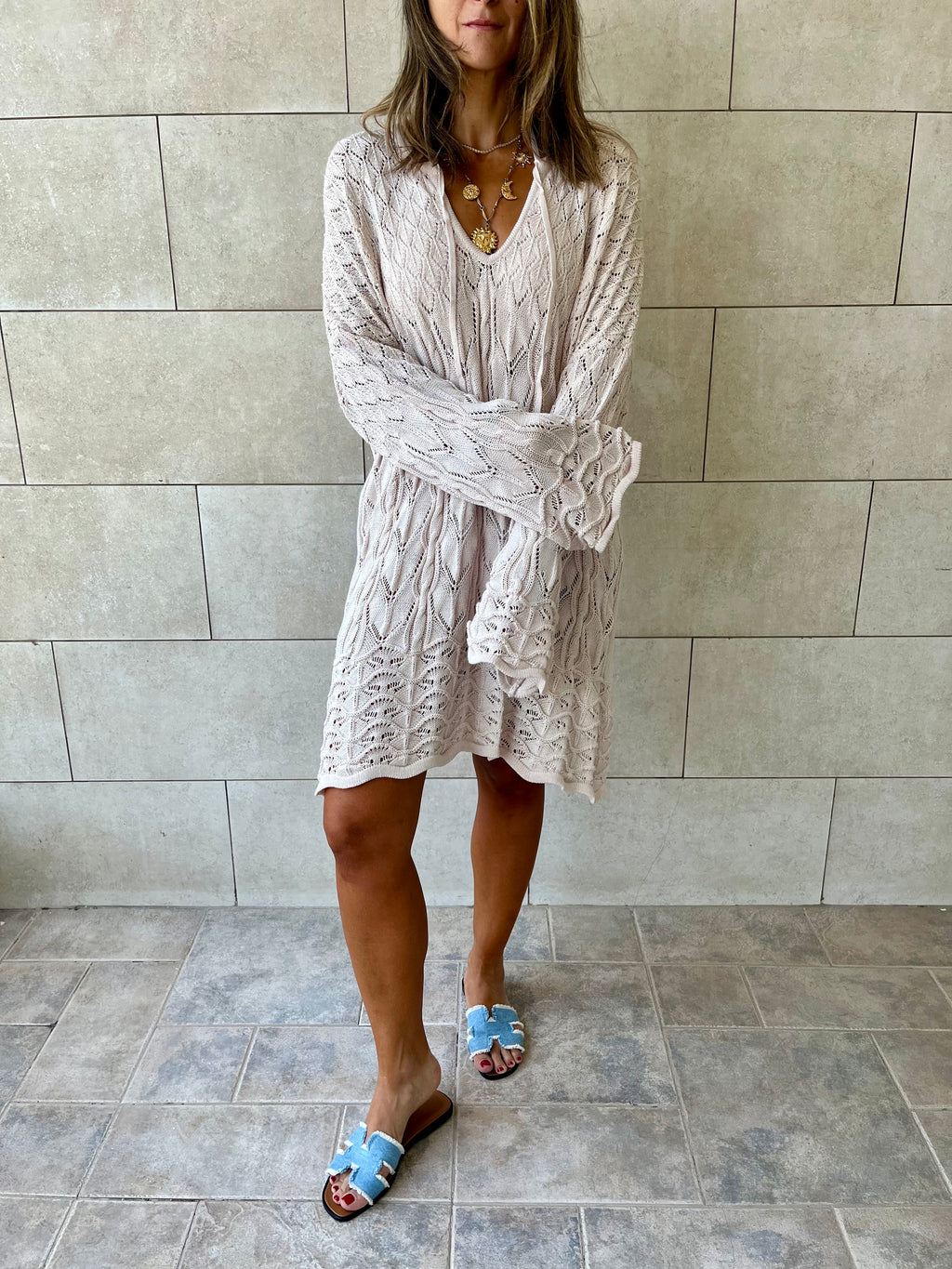 Beige Warm Weather Crochet Mini Dress