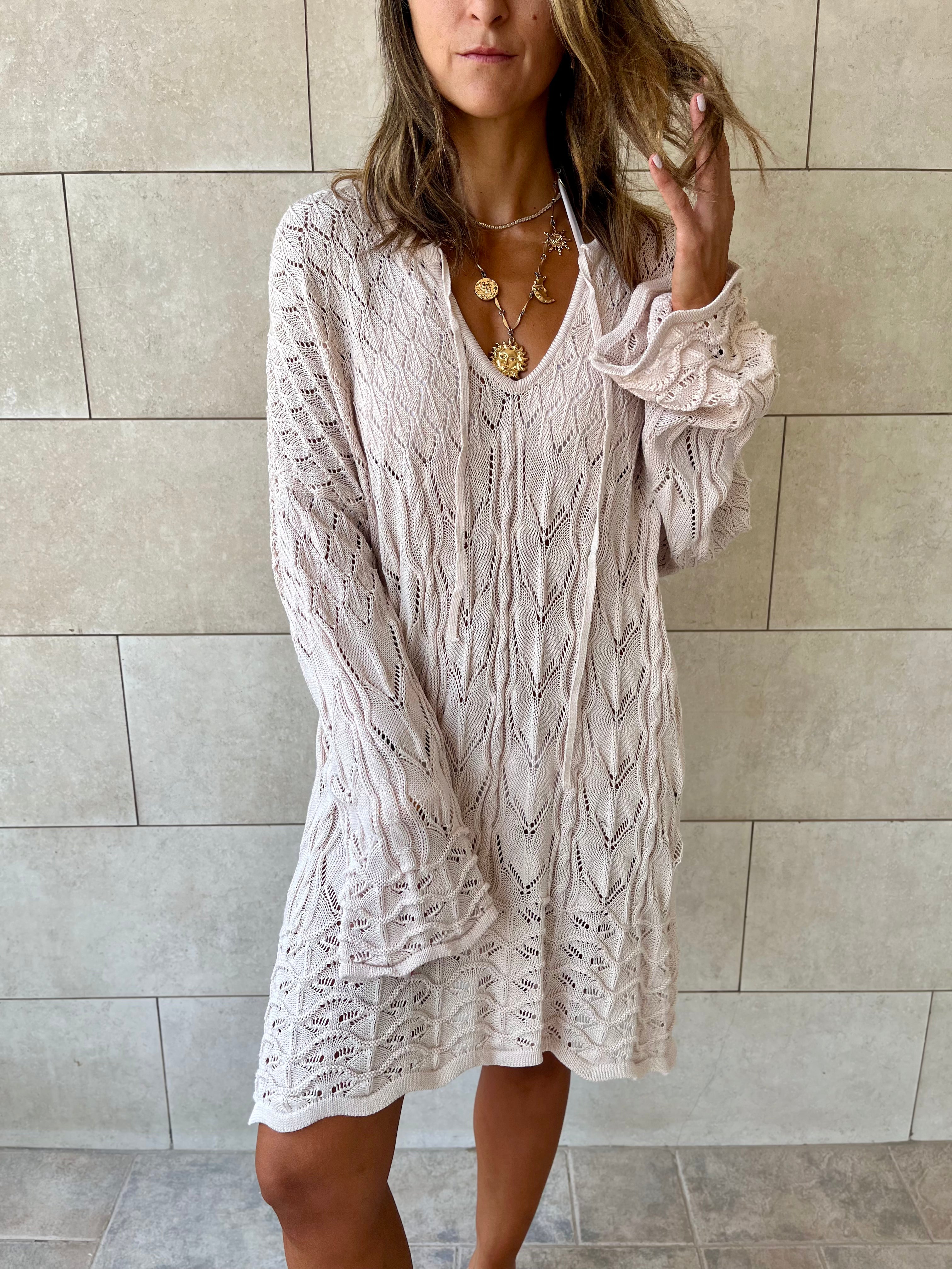Beige Warm Weather Crochet Mini Dress