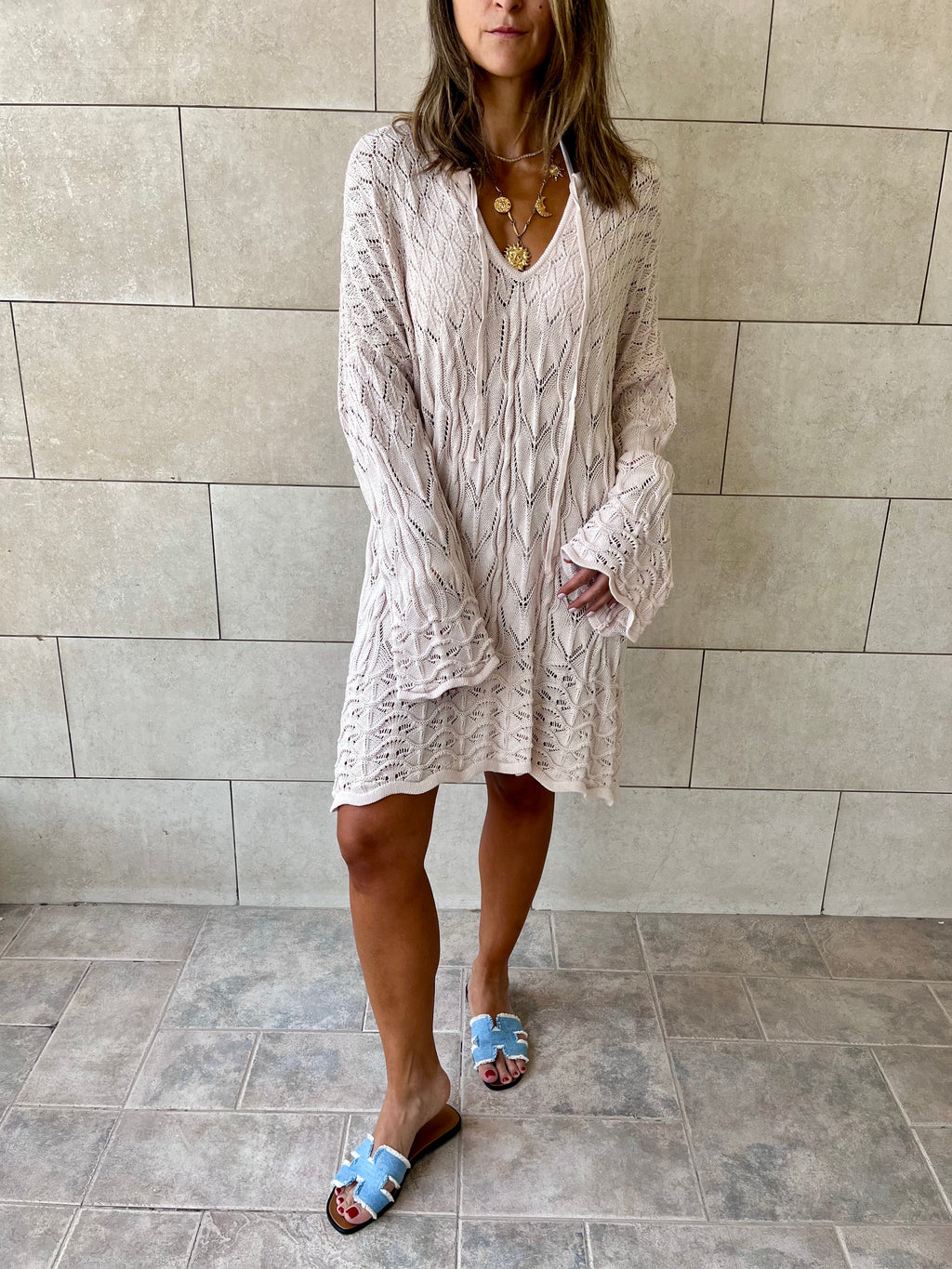 Beige Warm Weather Crochet Mini Dress
