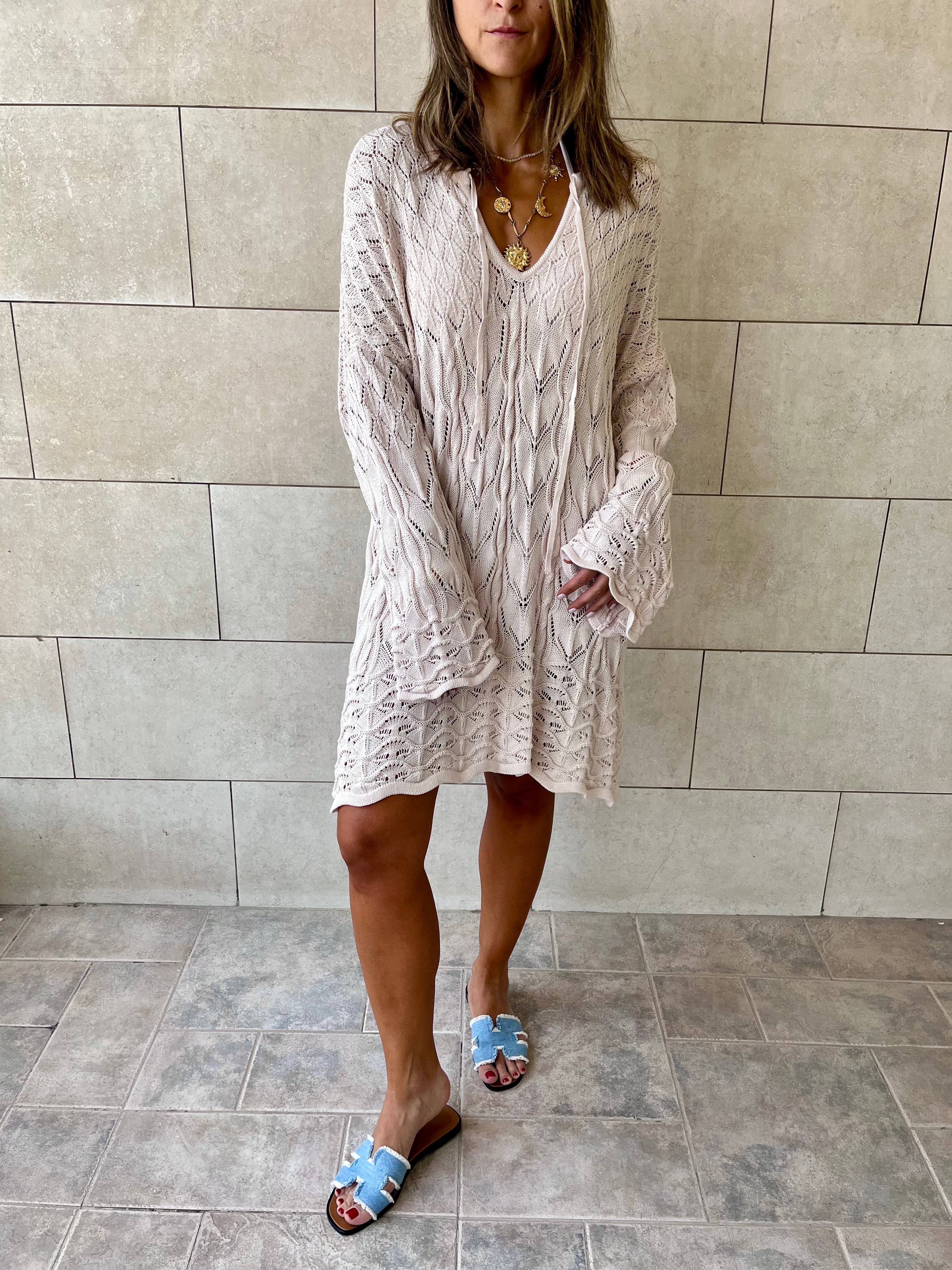 Beige Warm Weather Crochet Mini Dress