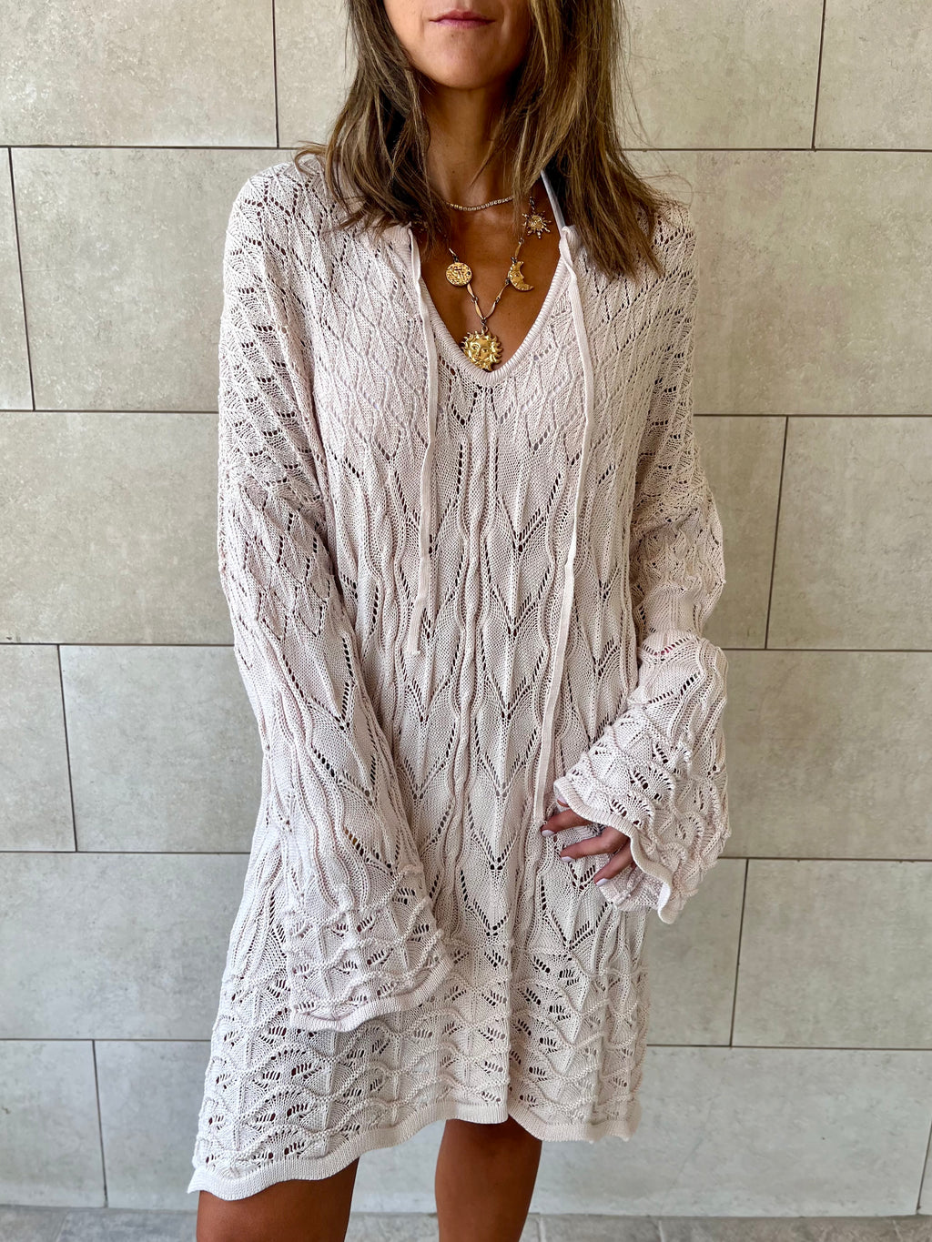 Beige Warm Weather Crochet Mini Dress