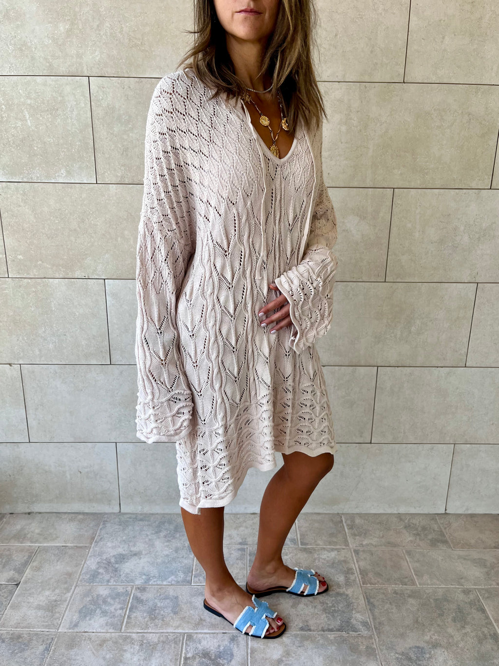 Beige Warm Weather Crochet Mini Dress