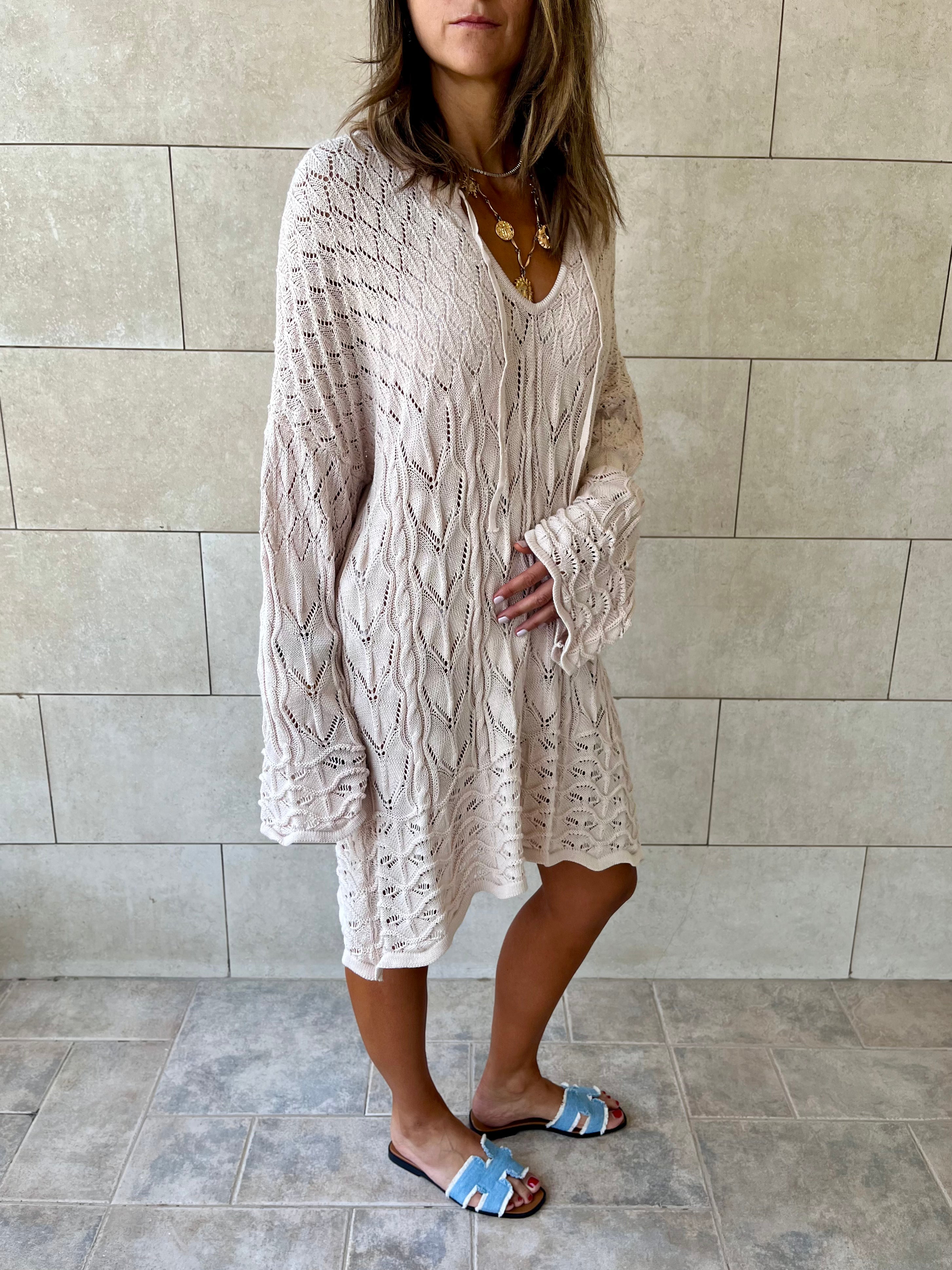 Beige Warm Weather Crochet Mini Dress