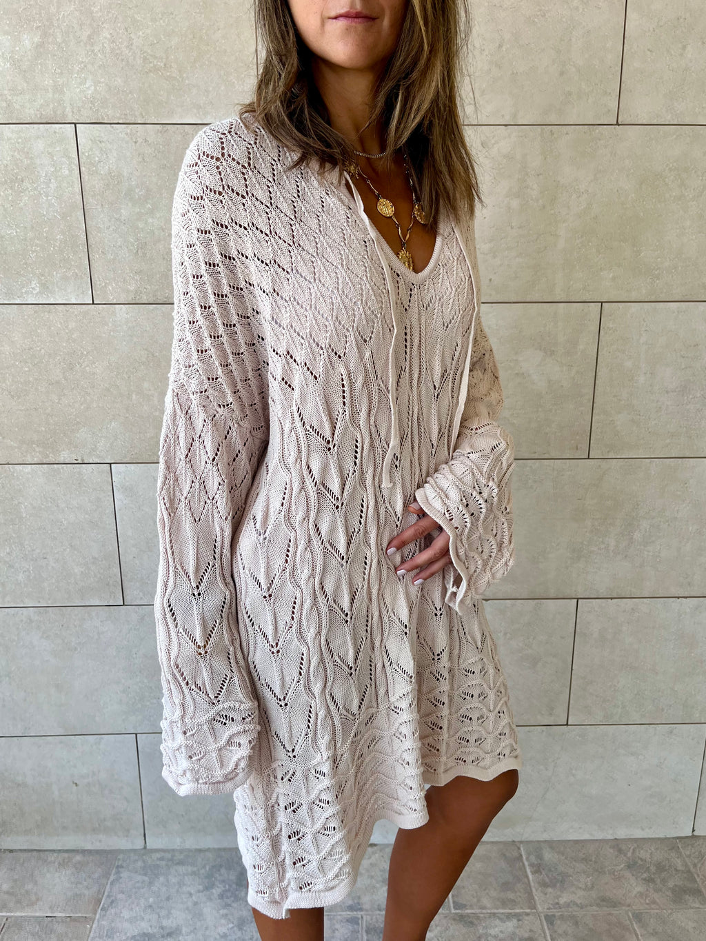 Beige Warm Weather Crochet Mini Dress