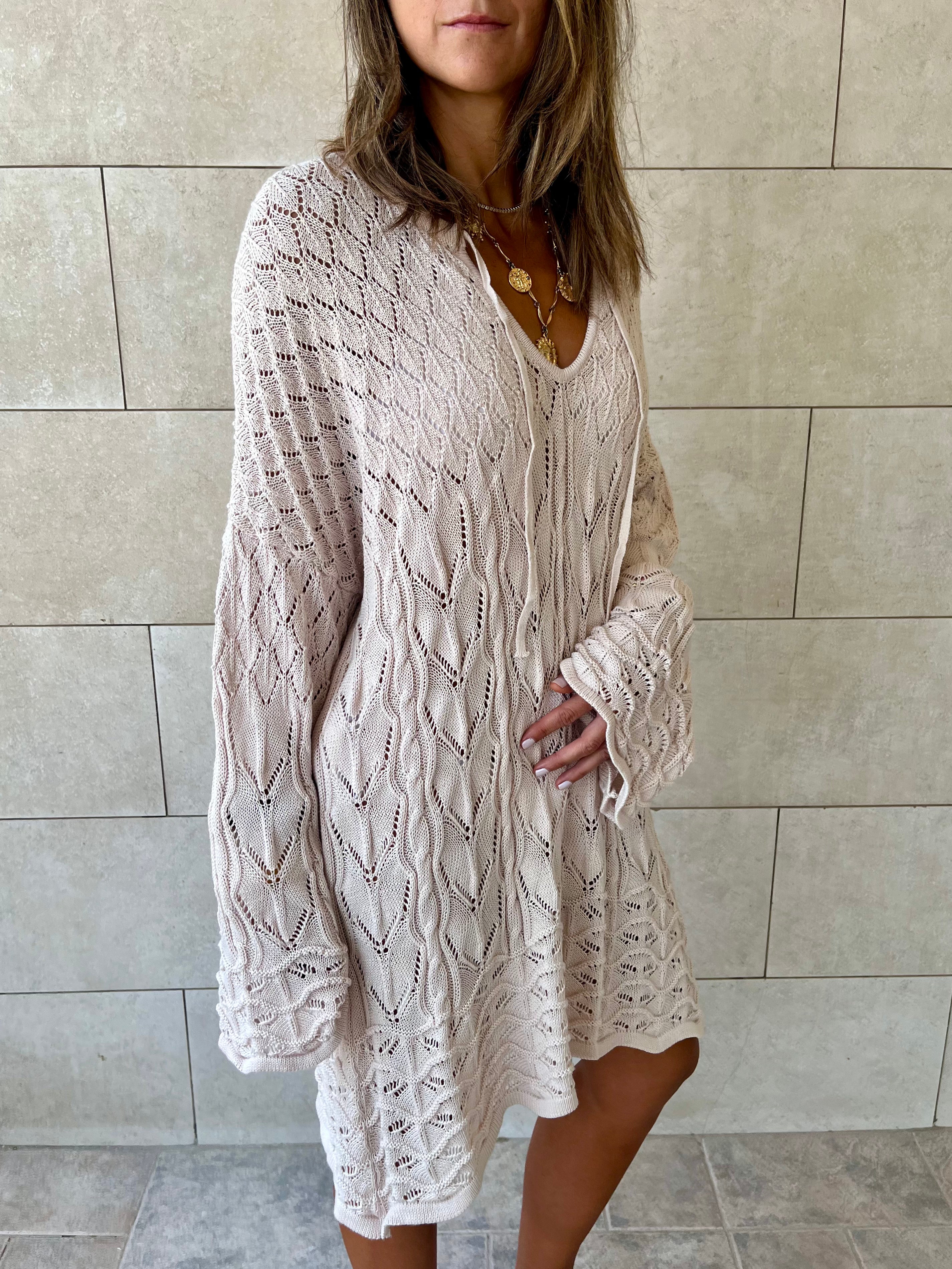 Beige Warm Weather Crochet Mini Dress