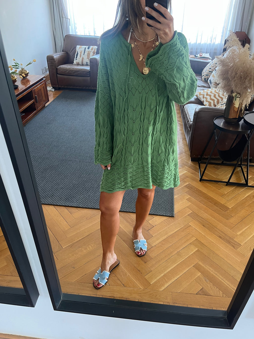Green Warm Weather Crochet Mini Dress