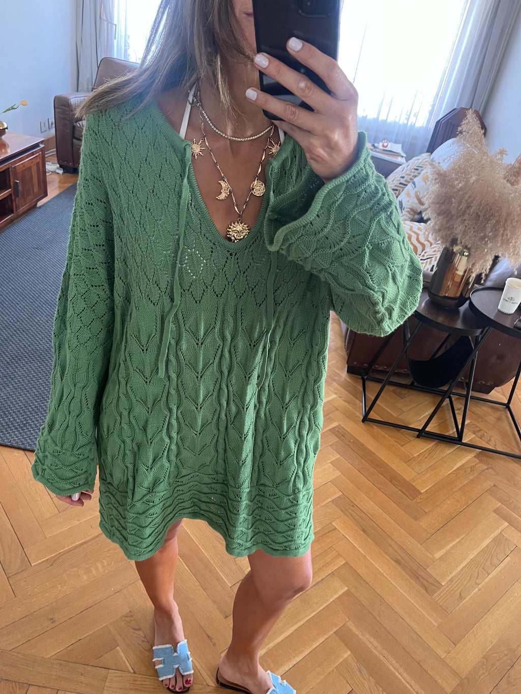 Green Warm Weather Crochet Mini Dress