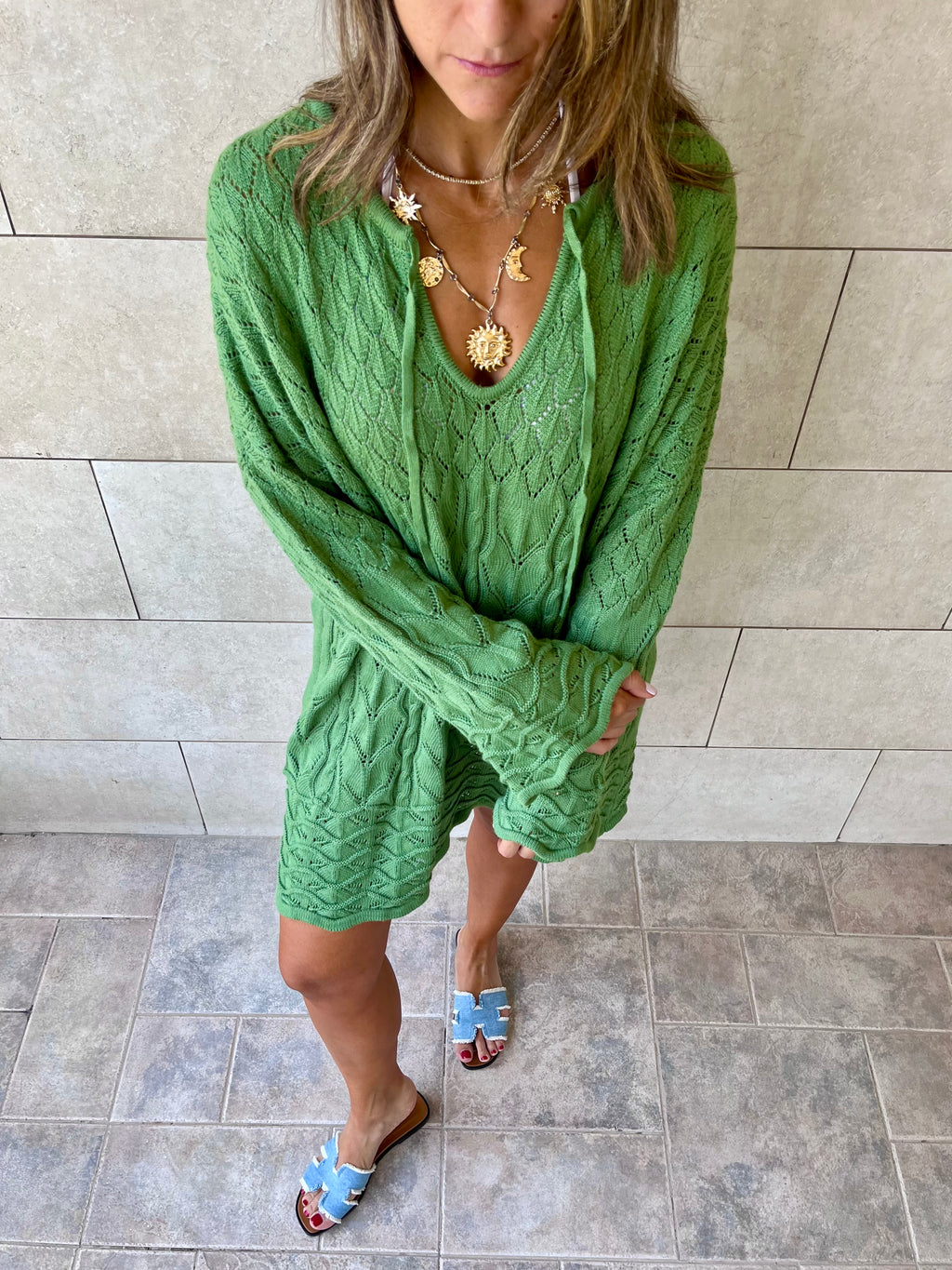 Green Warm Weather Crochet Mini Dress