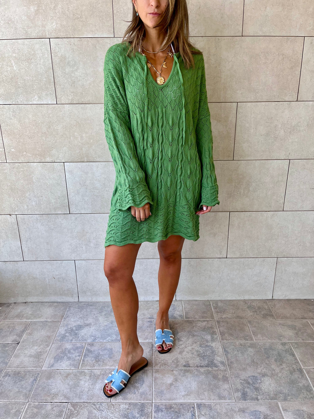 Green Warm Weather Crochet Mini Dress