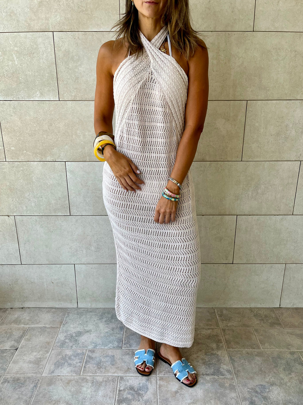 Beige Crisscross Backless Crochet Dress