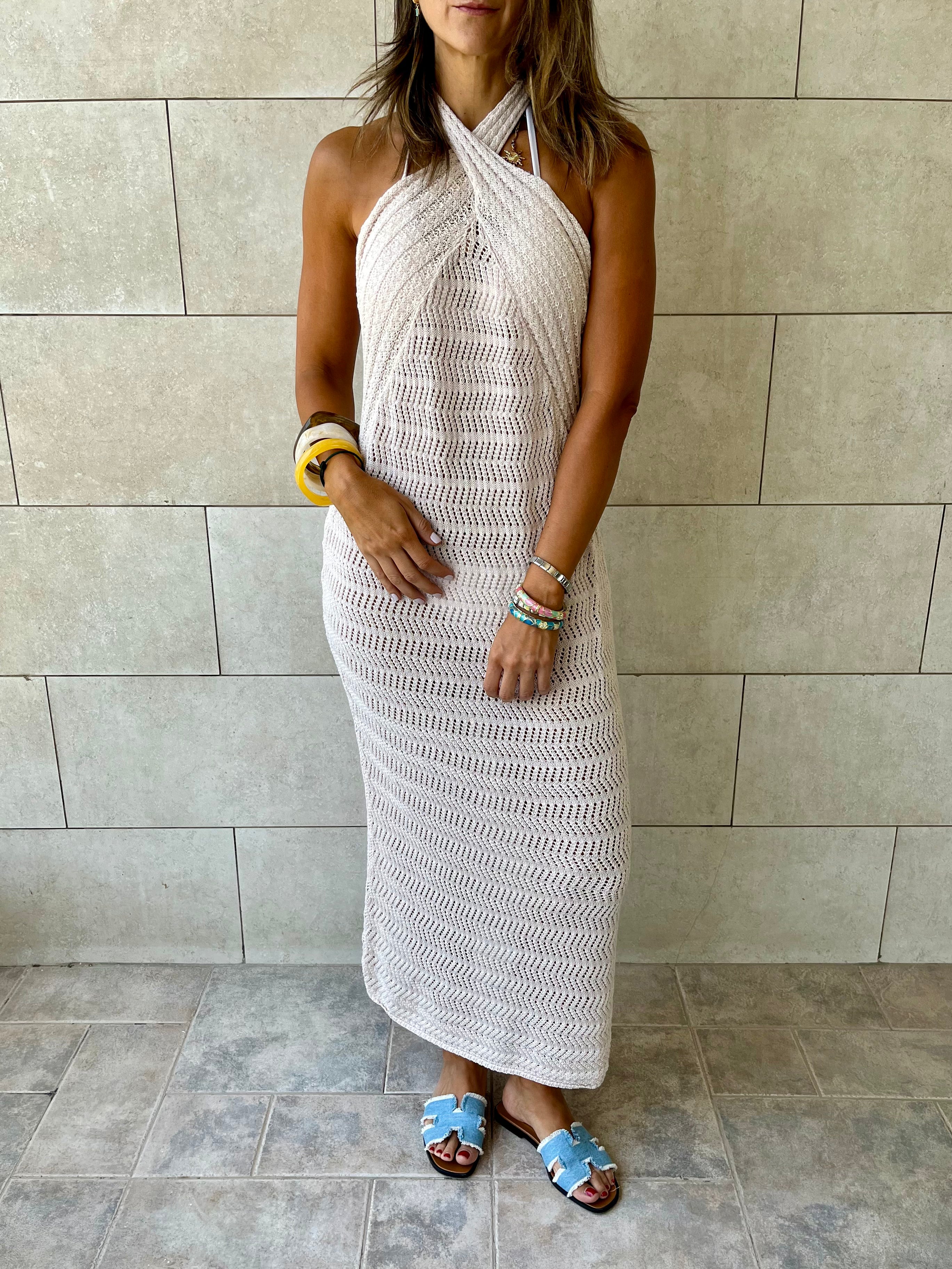 Beige Crisscross Backless Crochet Dress