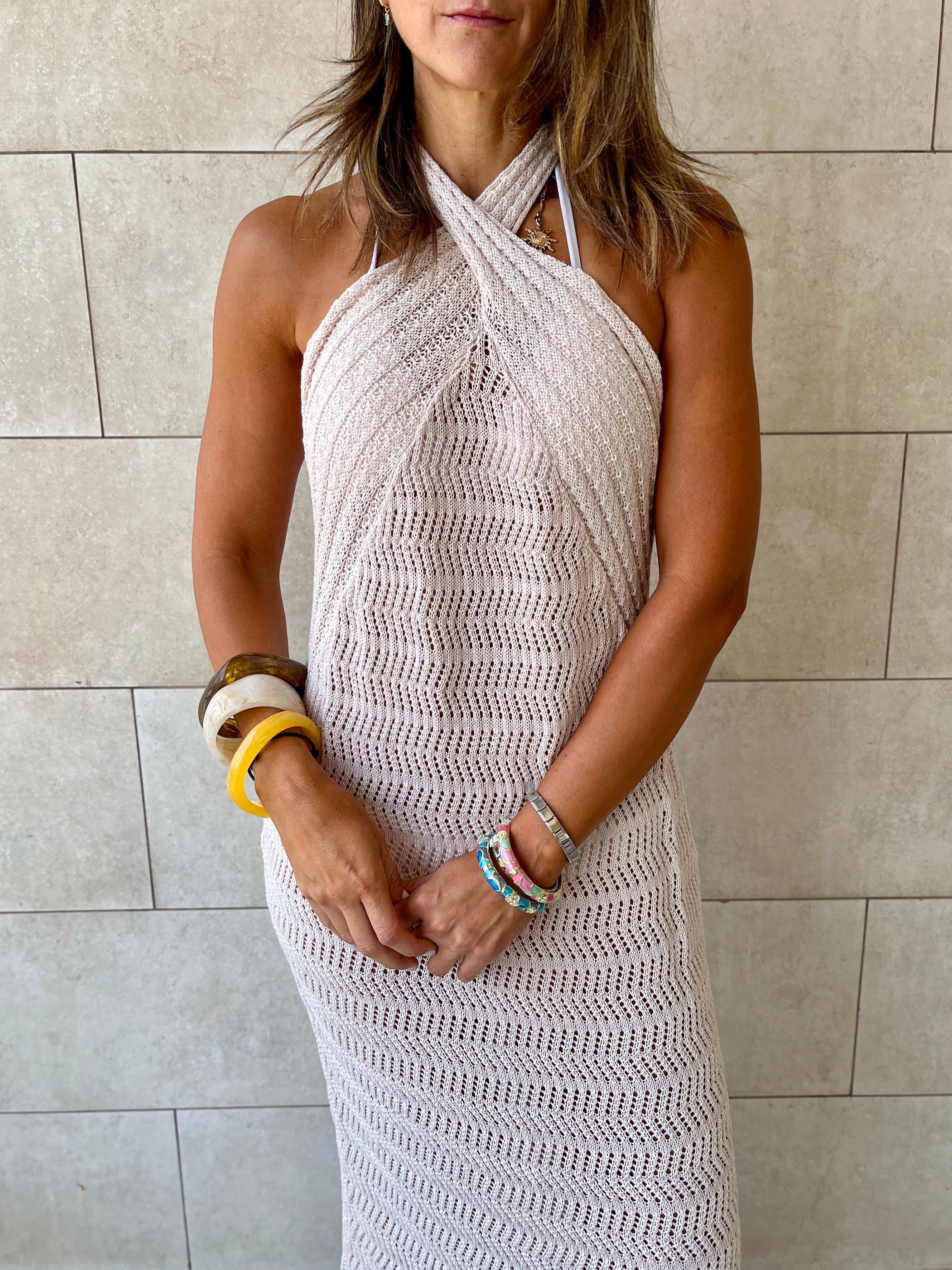 Beige Crisscross Backless Crochet Dress