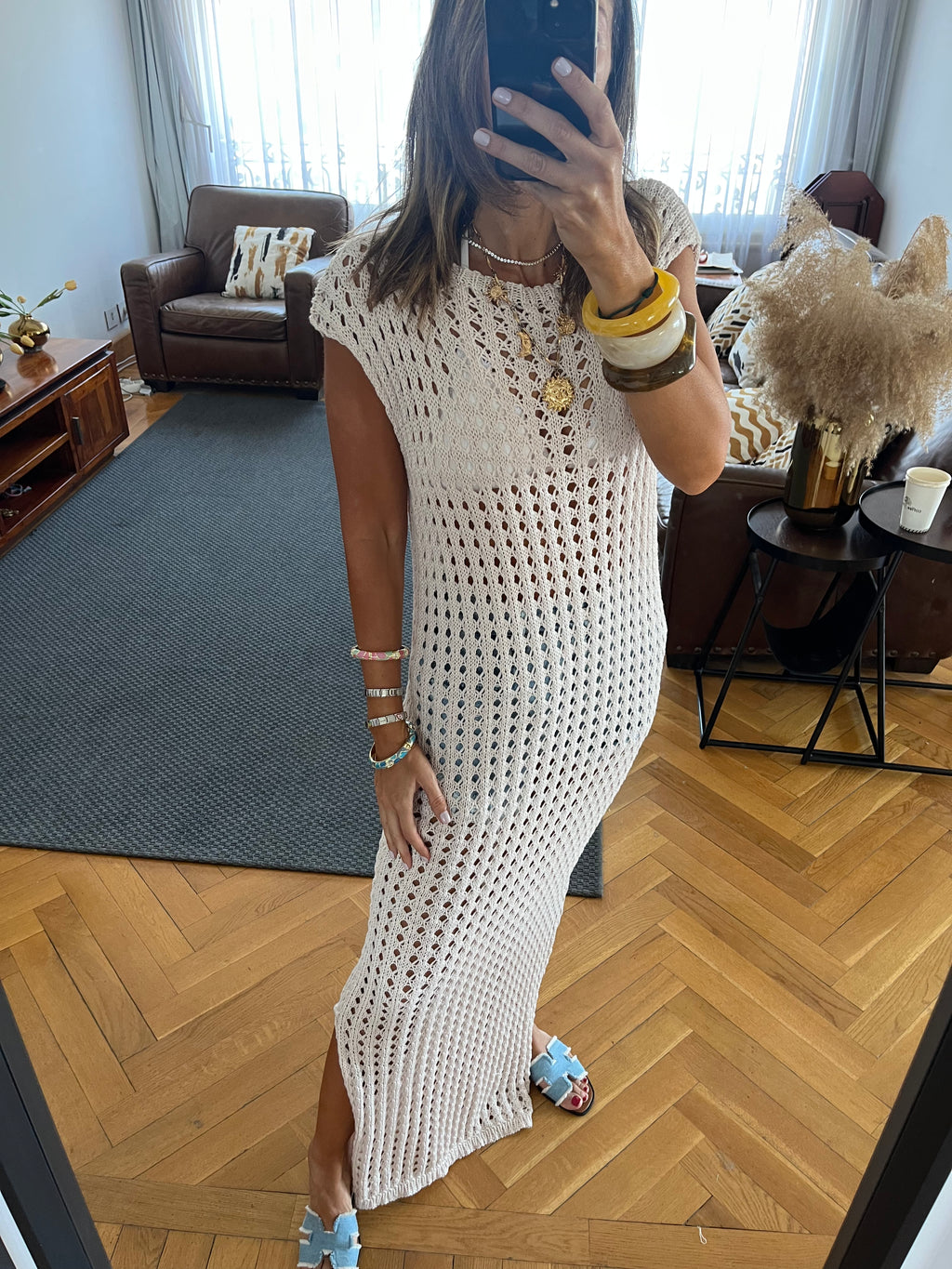 Beige Warm Morning Longline Crochet Coverup