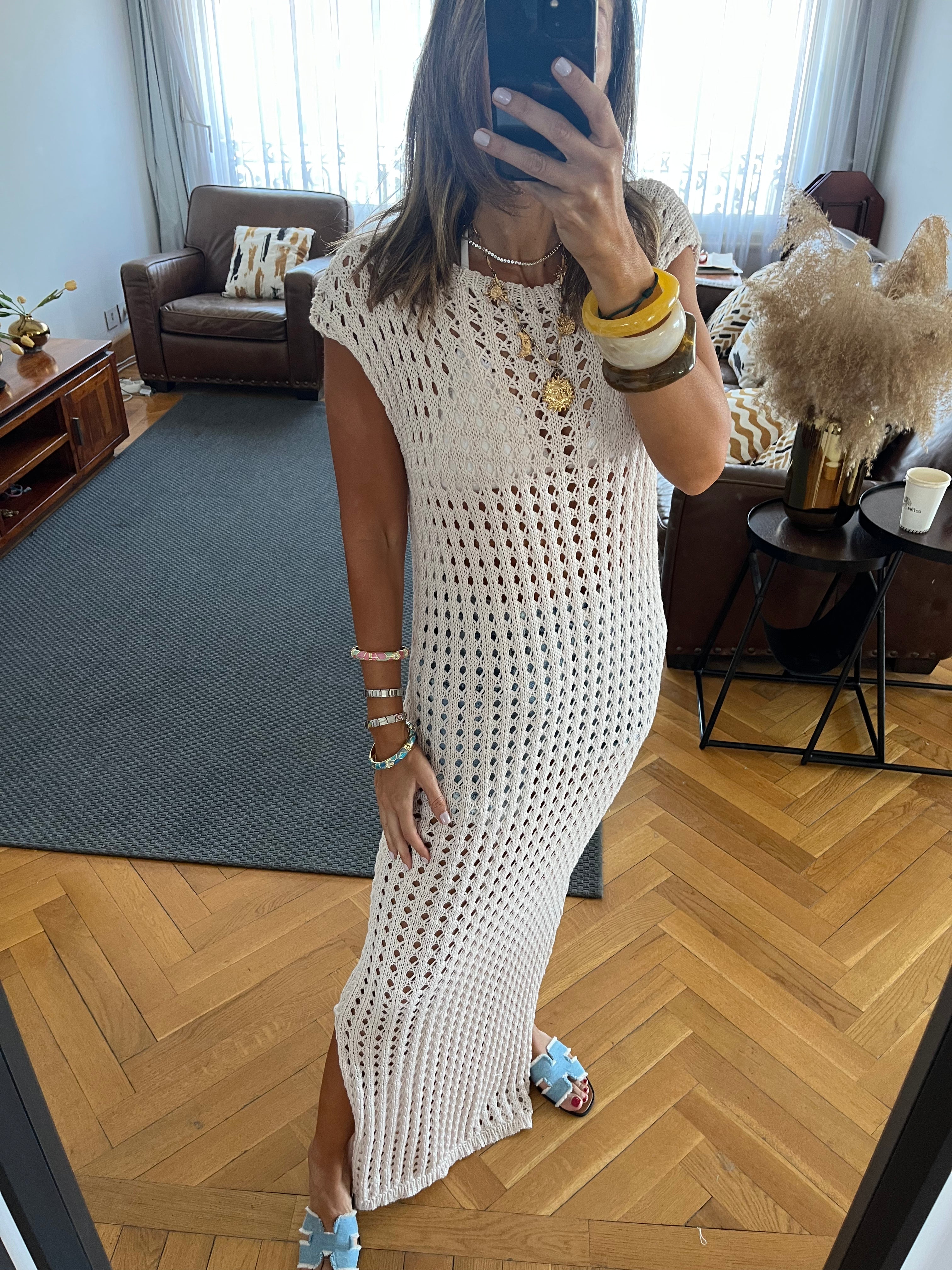 Beige Warm Morning Longline Crochet Coverup