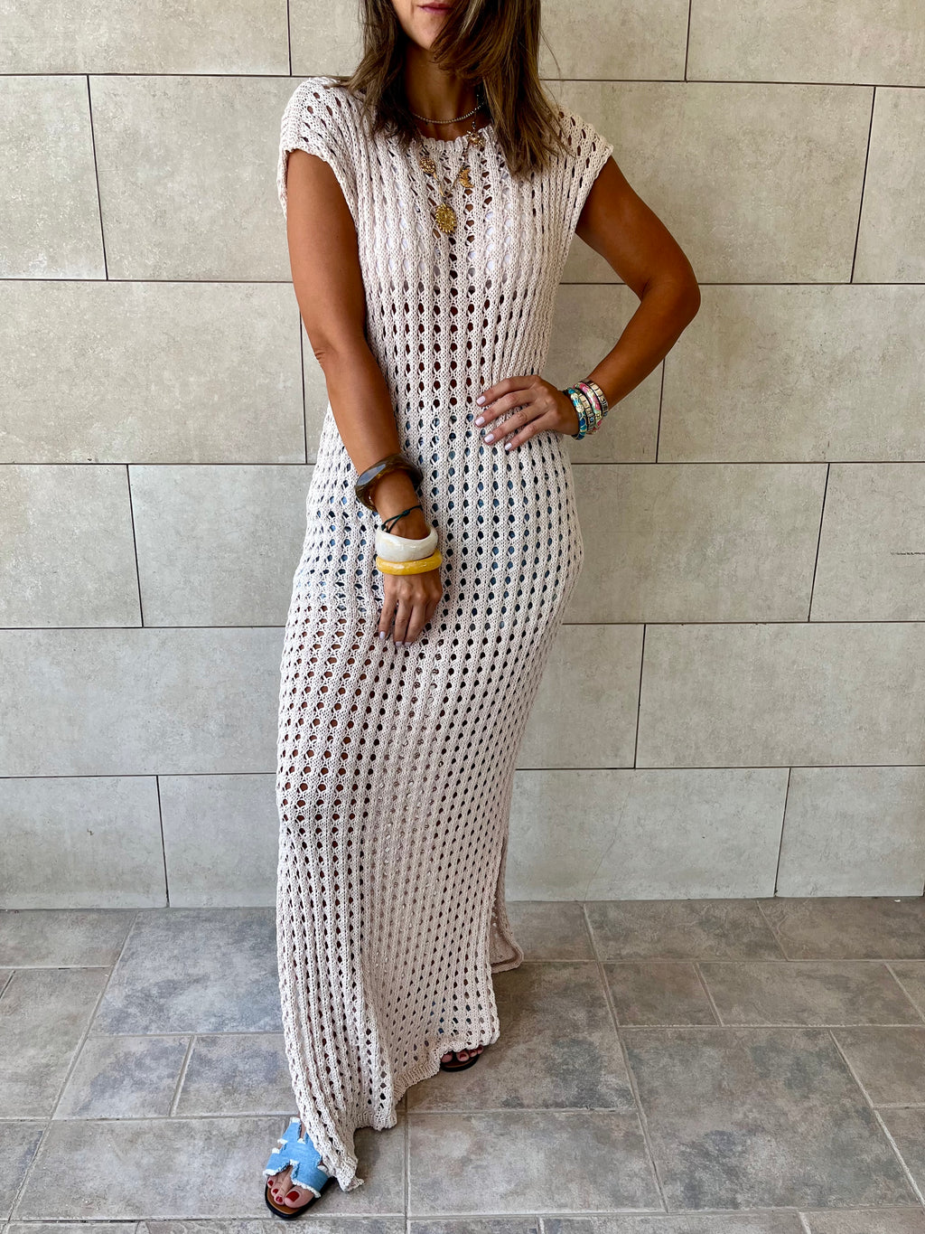 Beige Warm Morning Longline Crochet Coverup