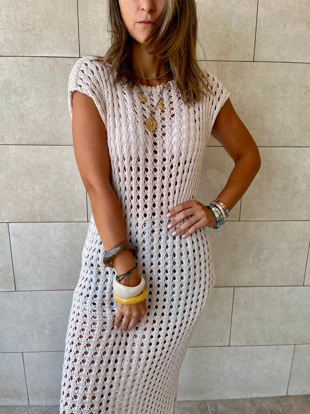 Beige Warm Morning Longline Crochet Coverup