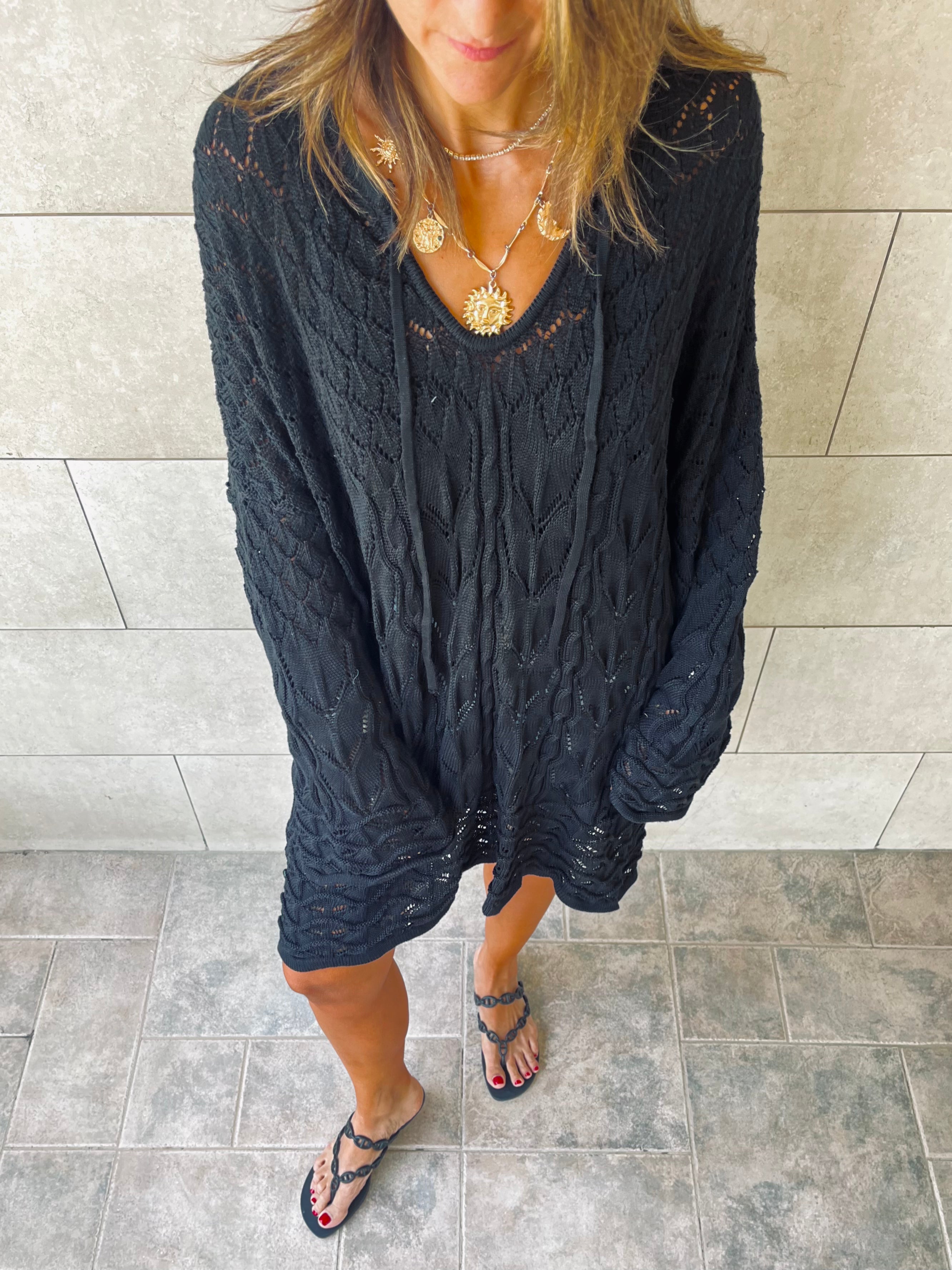 Black Warm Weather Crochet Mini Dress