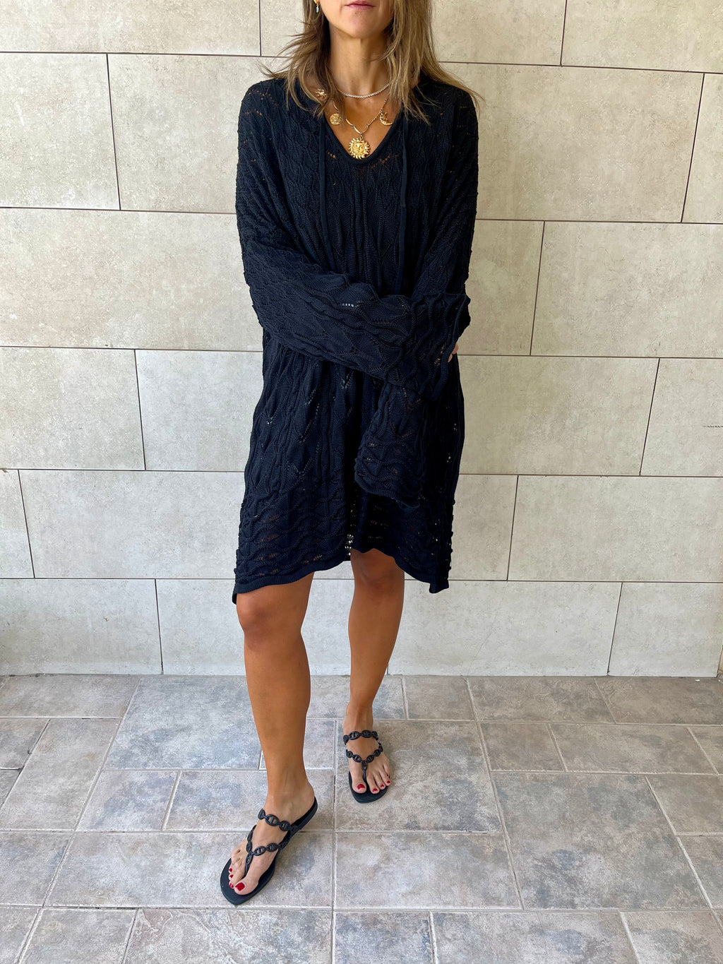 Black Warm Weather Crochet Mini Dress