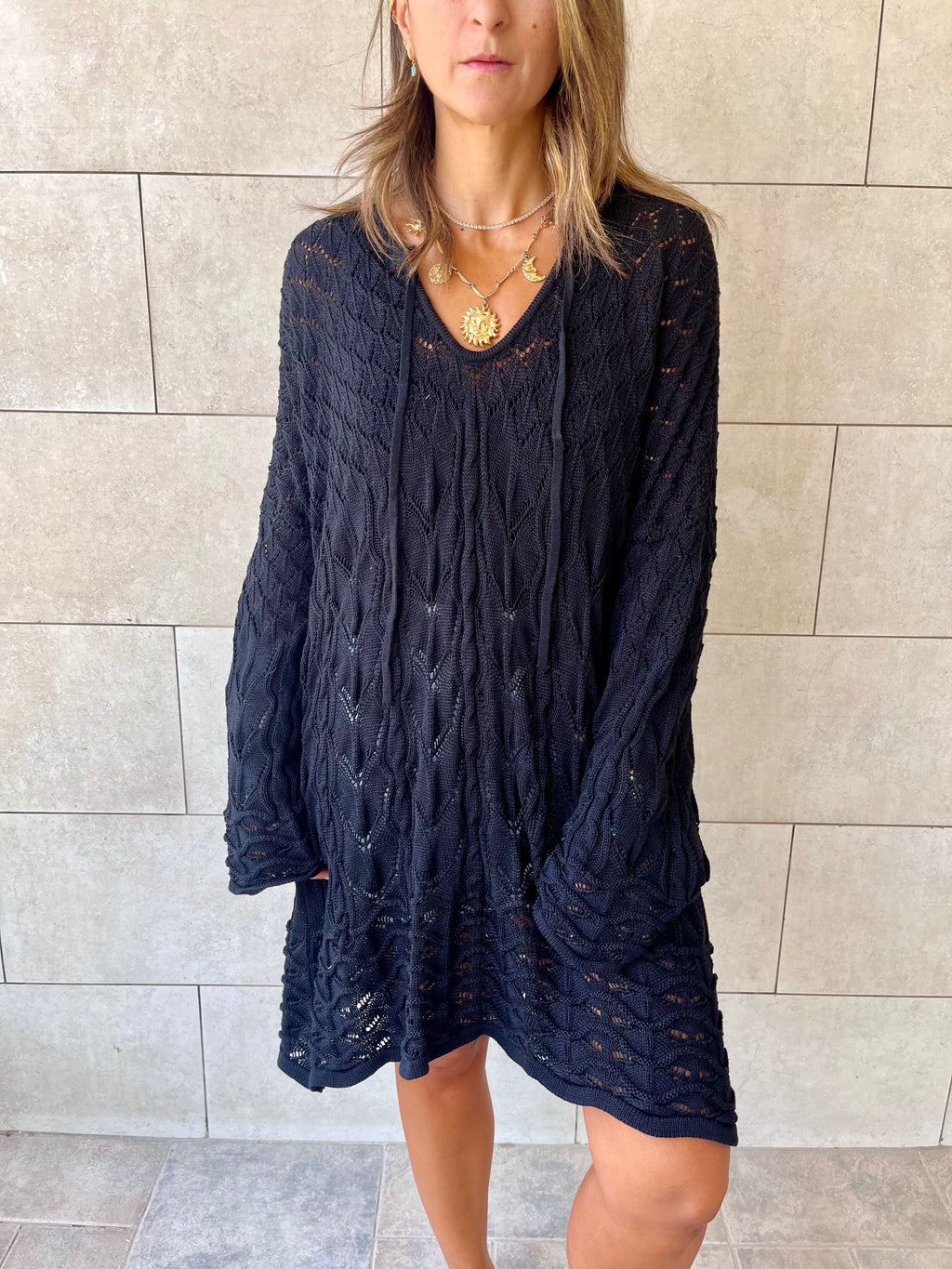 Black Warm Weather Crochet Mini Dress