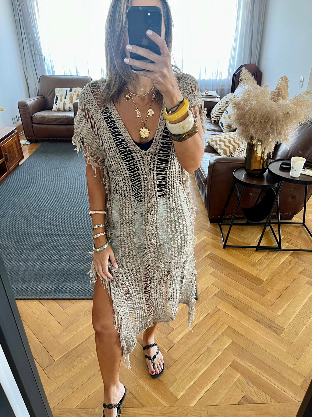 Beige Sandy Breeze Crochet Cover Up