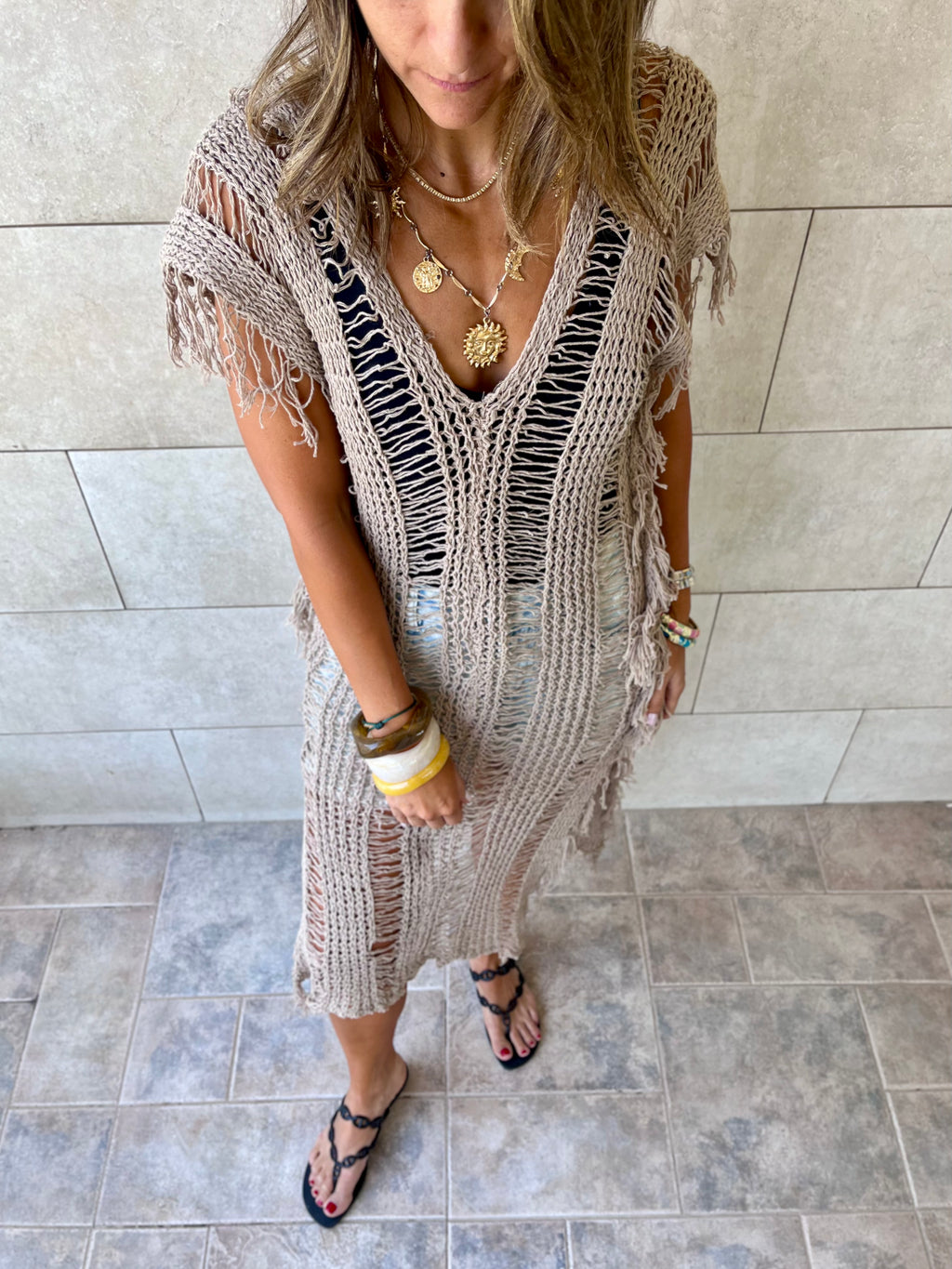 Beige Sandy Breeze Crochet Cover Up