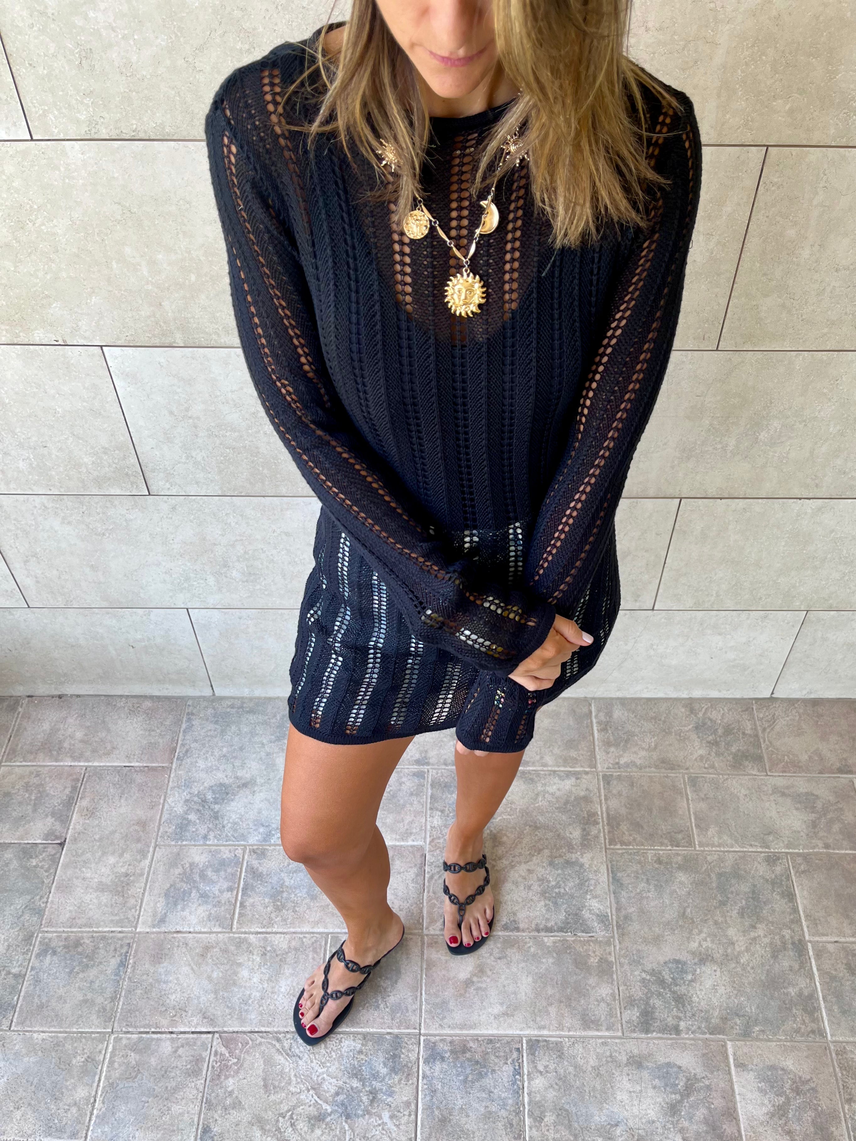 Black Plain Crochet Short Dress