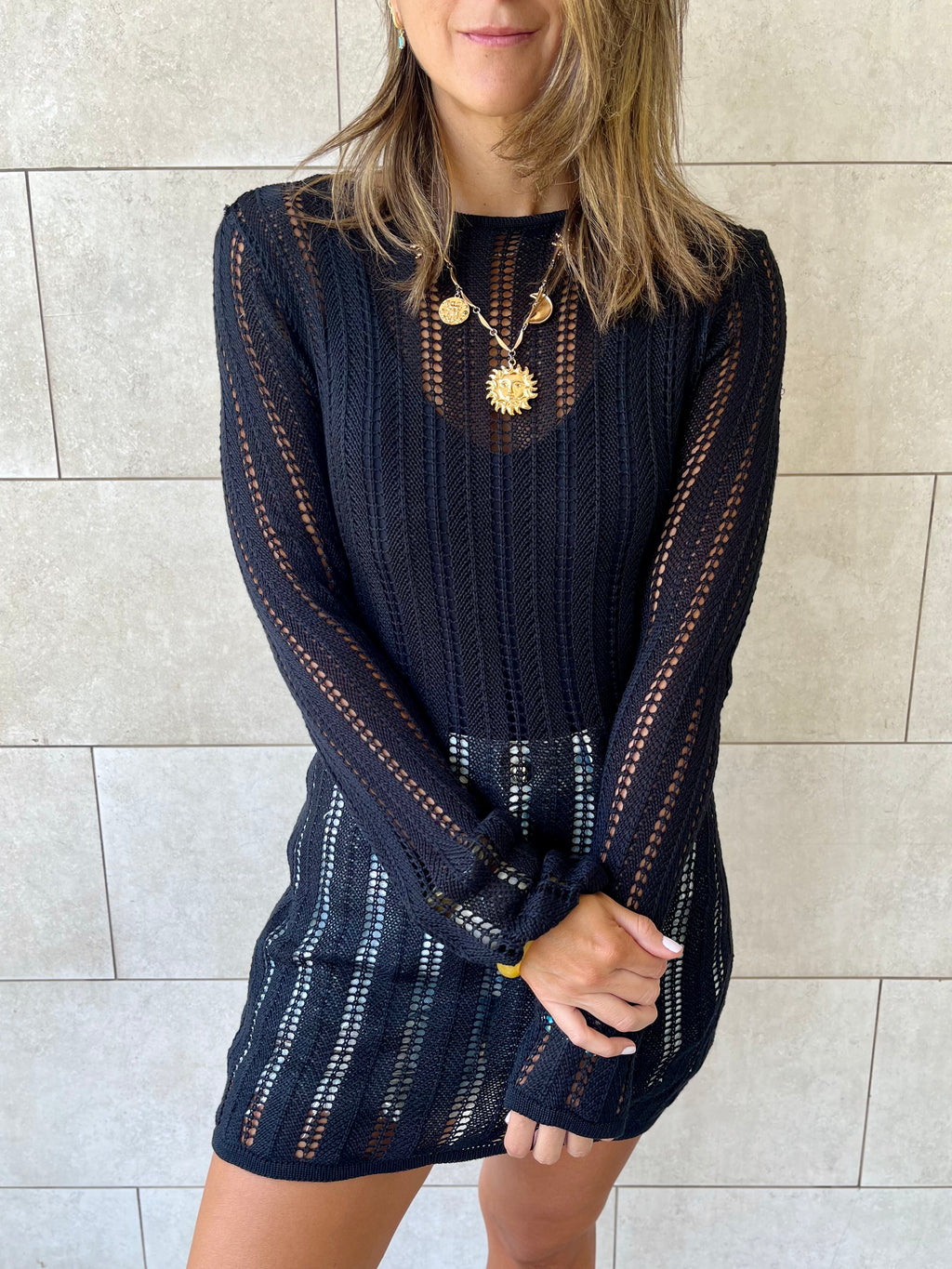 Black Plain Crochet Short Dress