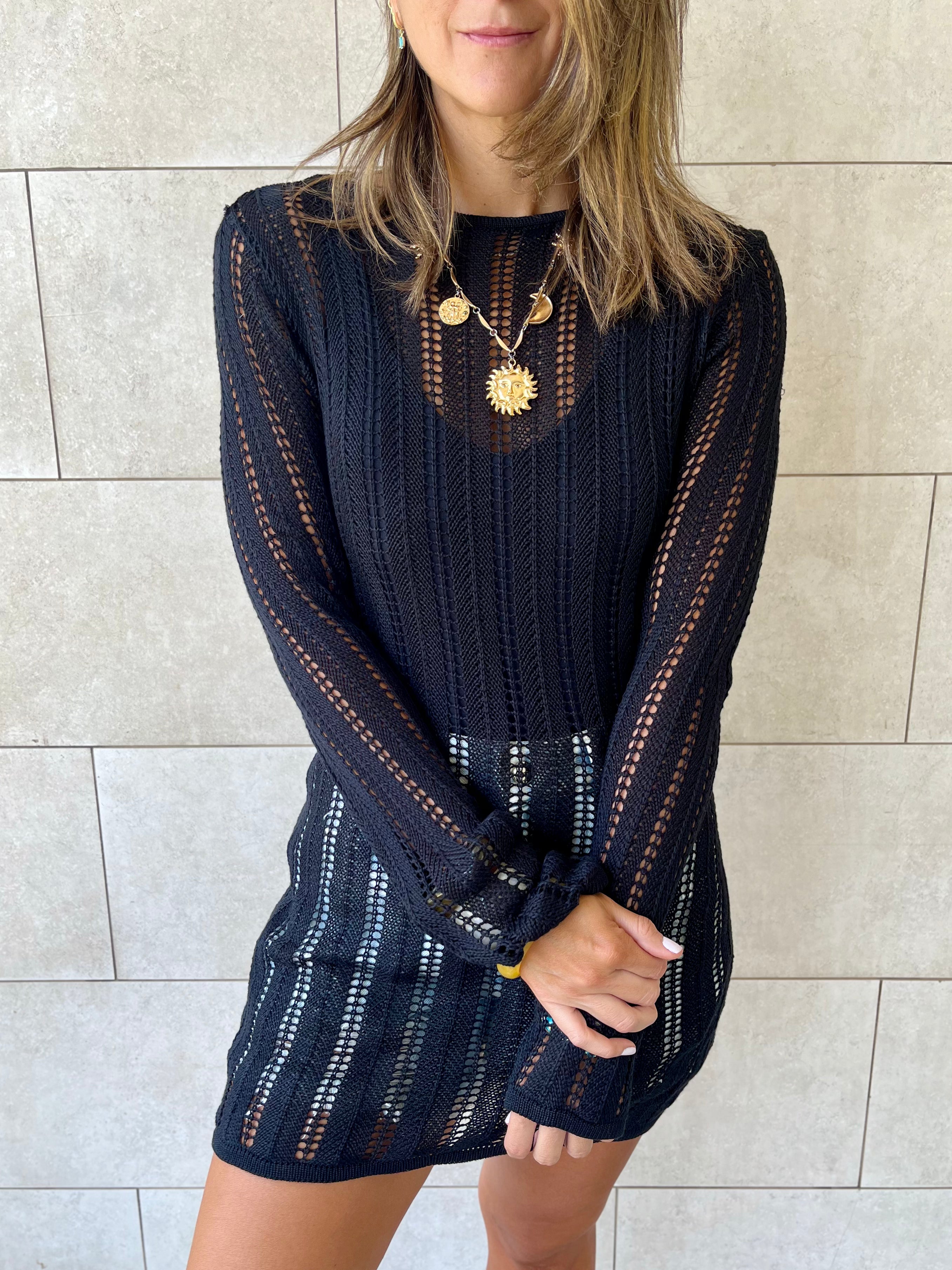 Black Plain Crochet Short Dress