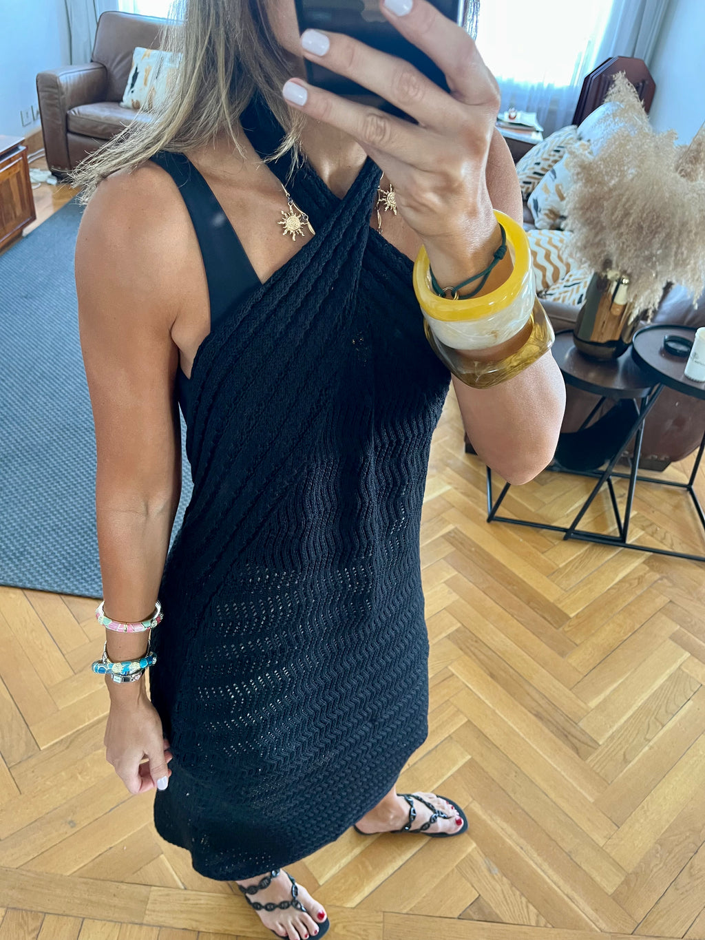 Black Crisscross Backless Crochet Dress