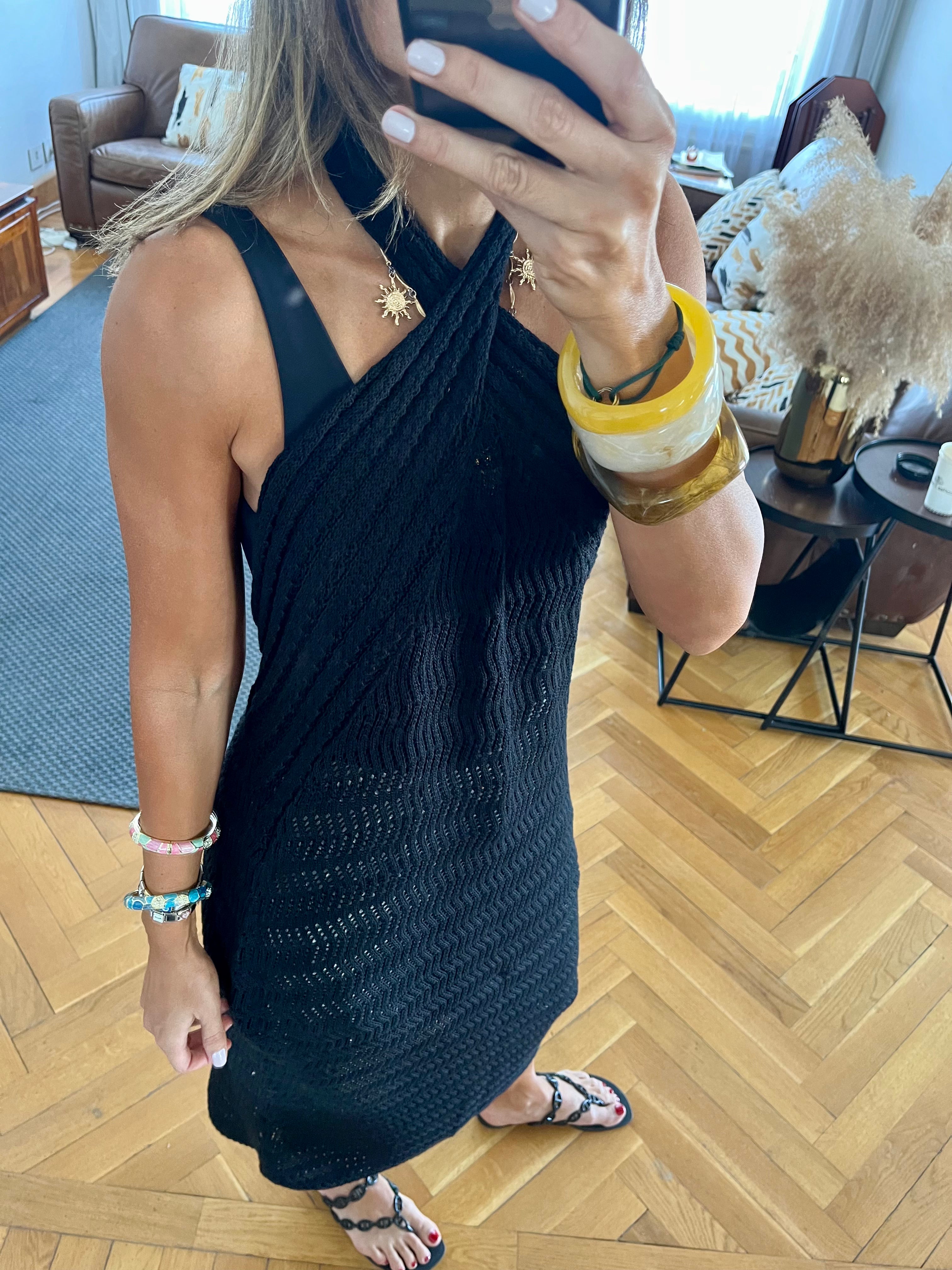 Black Crisscross Backless Crochet Dress