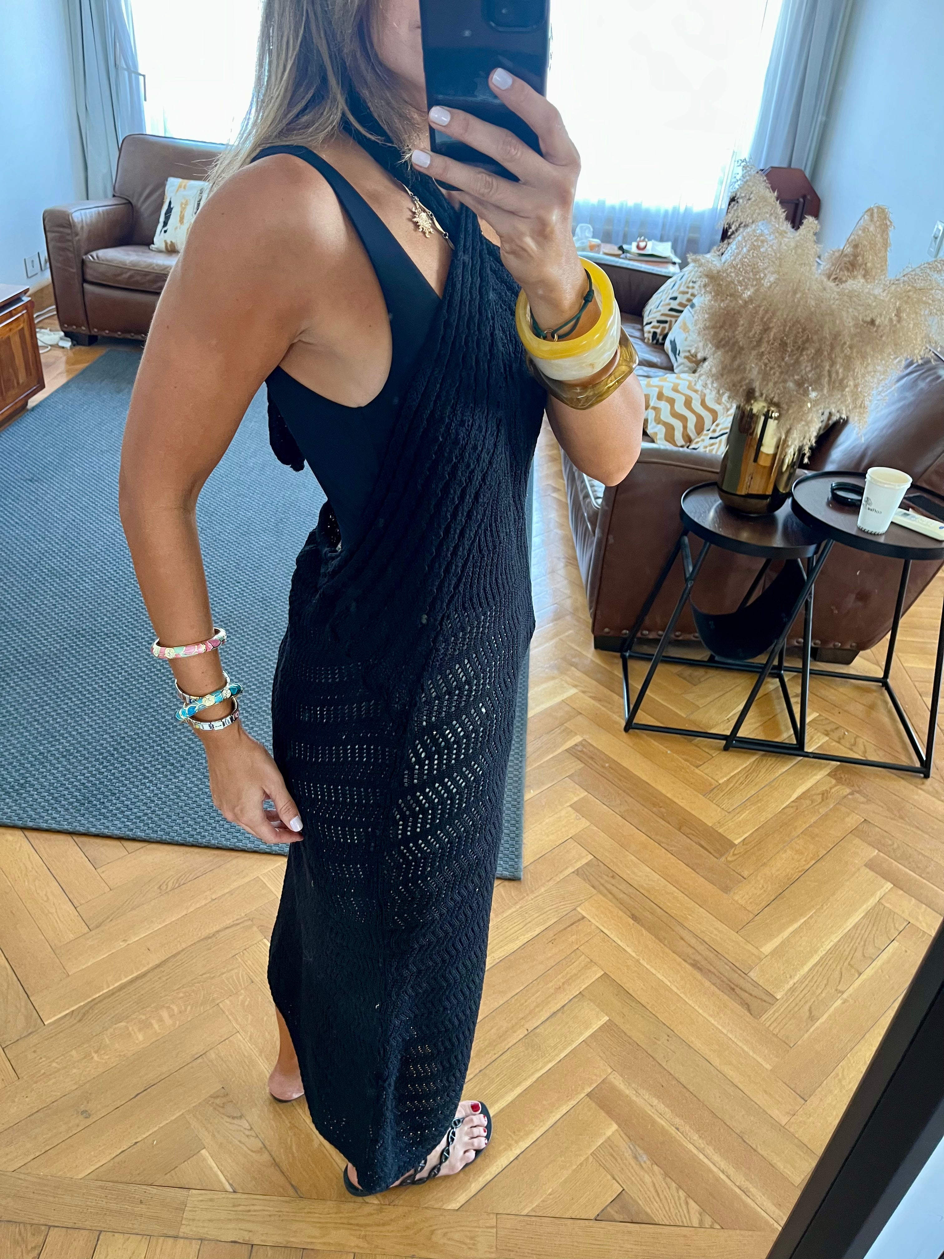 Black Crisscross Backless Crochet Dress