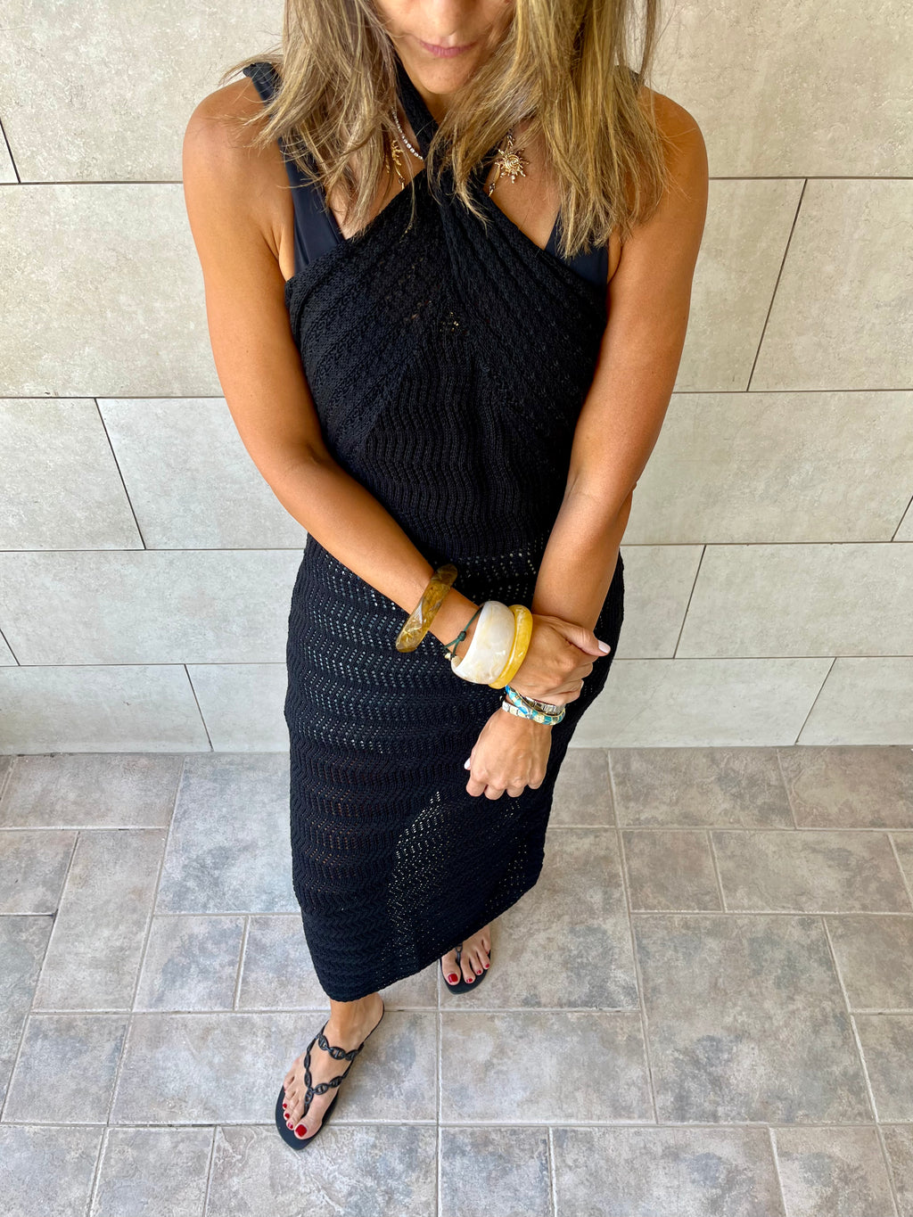 Black Crisscross Backless Crochet Dress