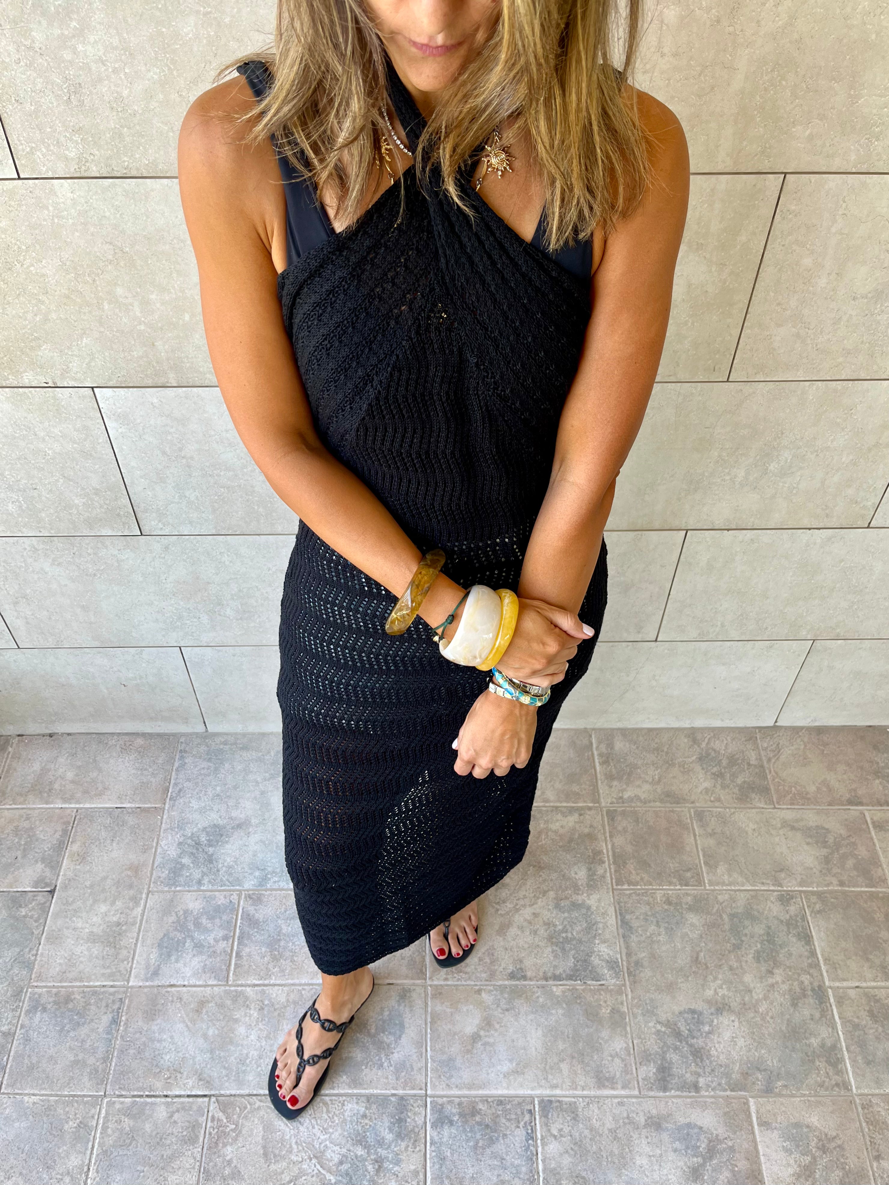 Black Crisscross Backless Crochet Dress