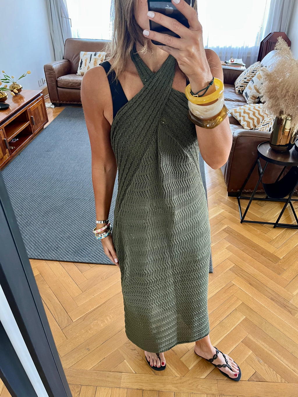 Olive Crisscross Backless Crochet Dress