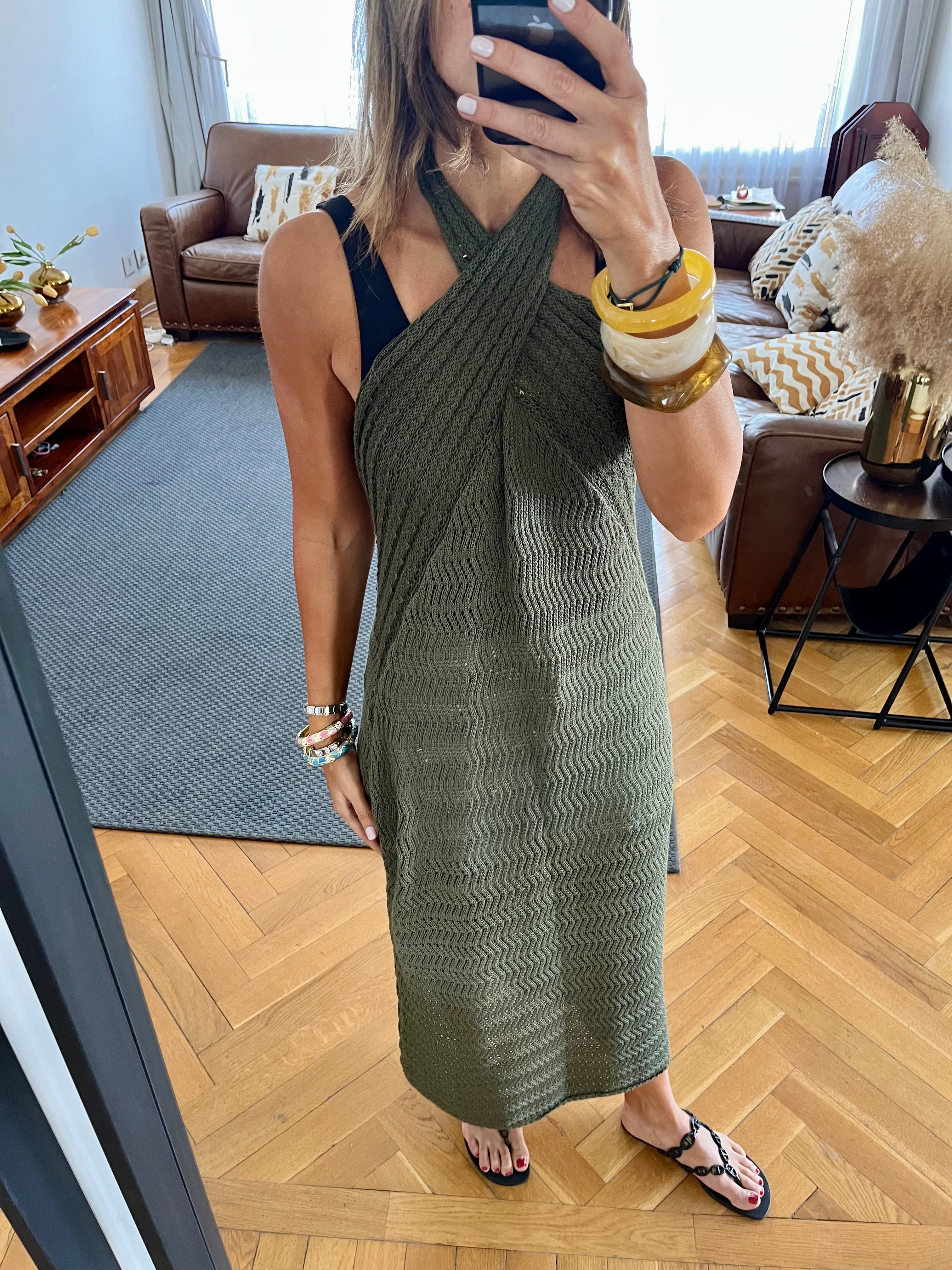 Olive Crisscross Backless Crochet Dress