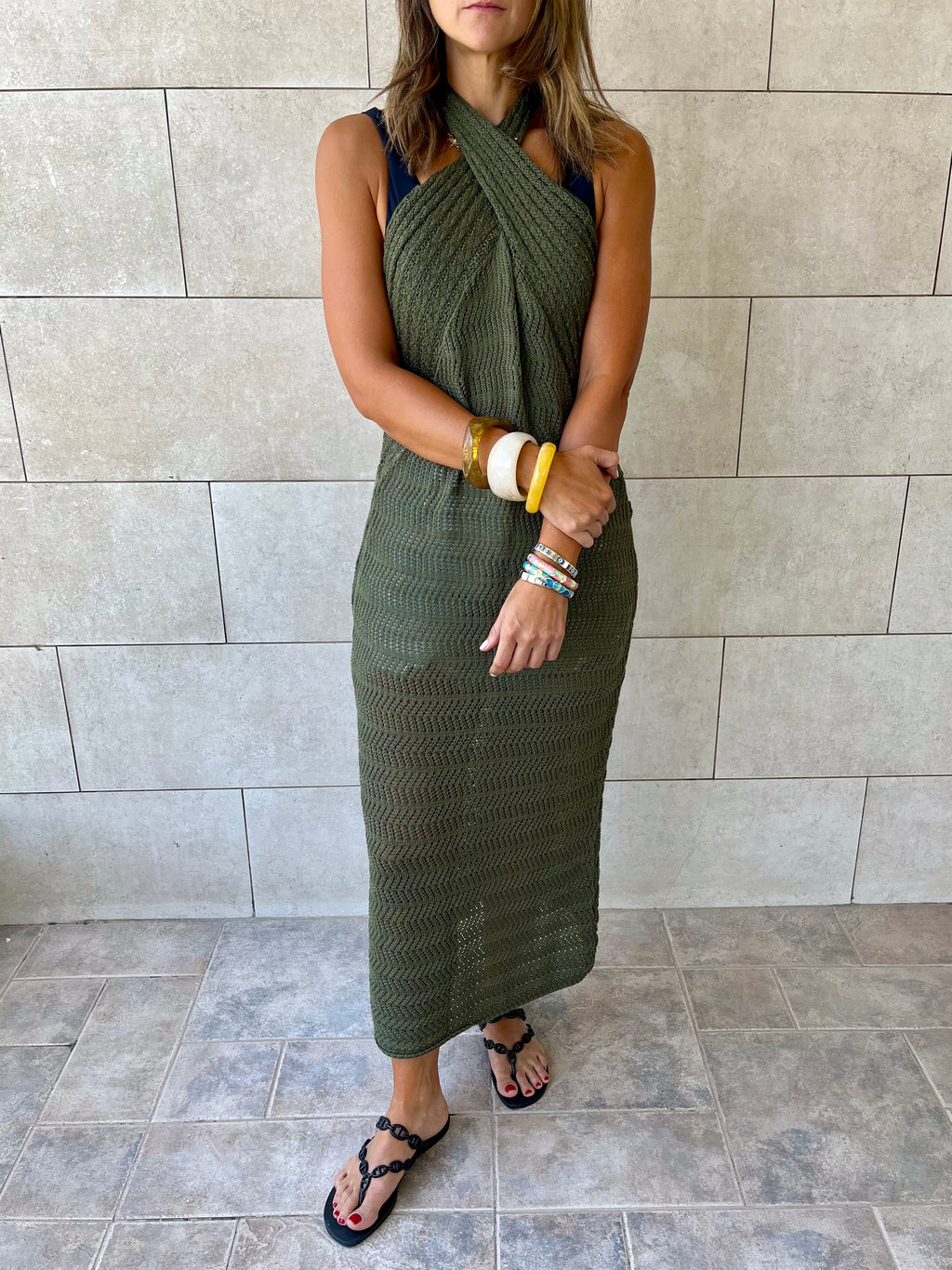 Olive Crisscross Backless Crochet Dress