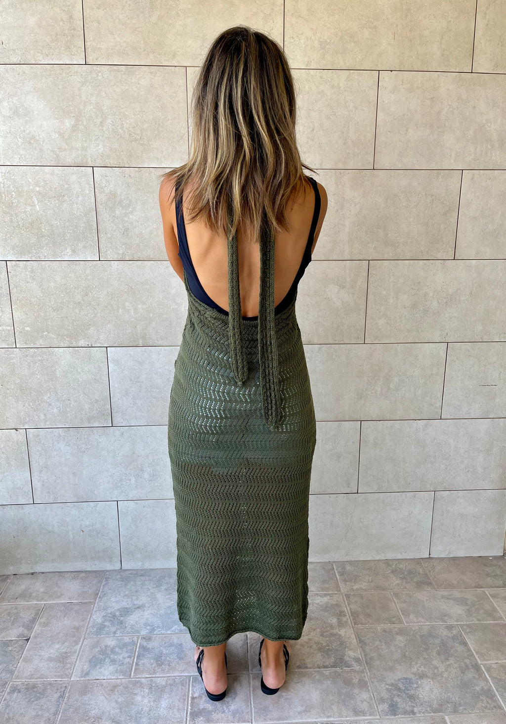 Olive Crisscross Backless Crochet Dress