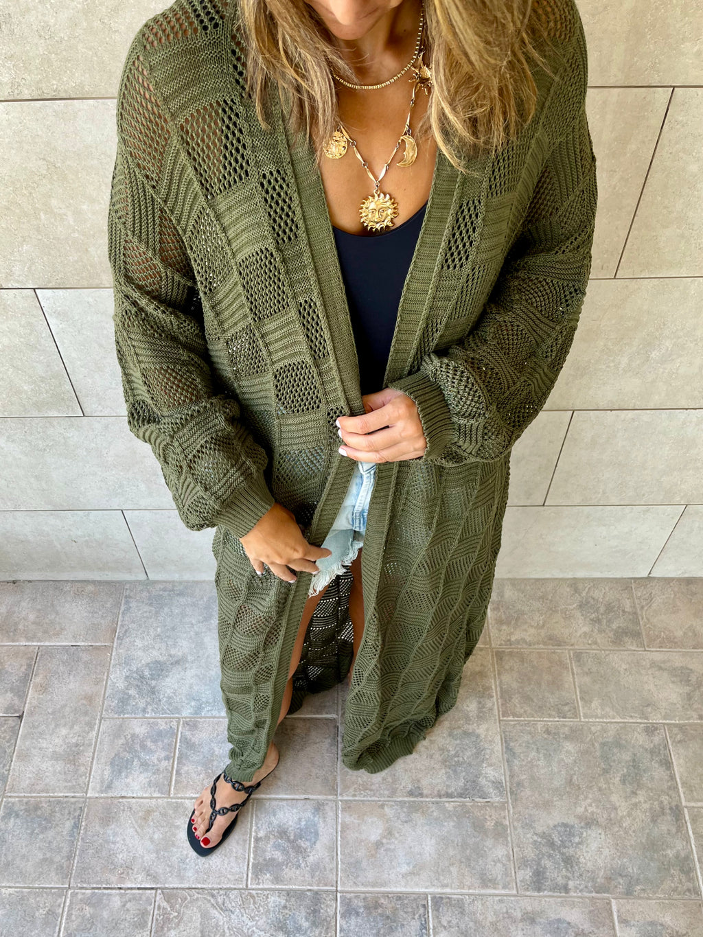 Olive Boxes Boxes Longline Crochet Kimono
