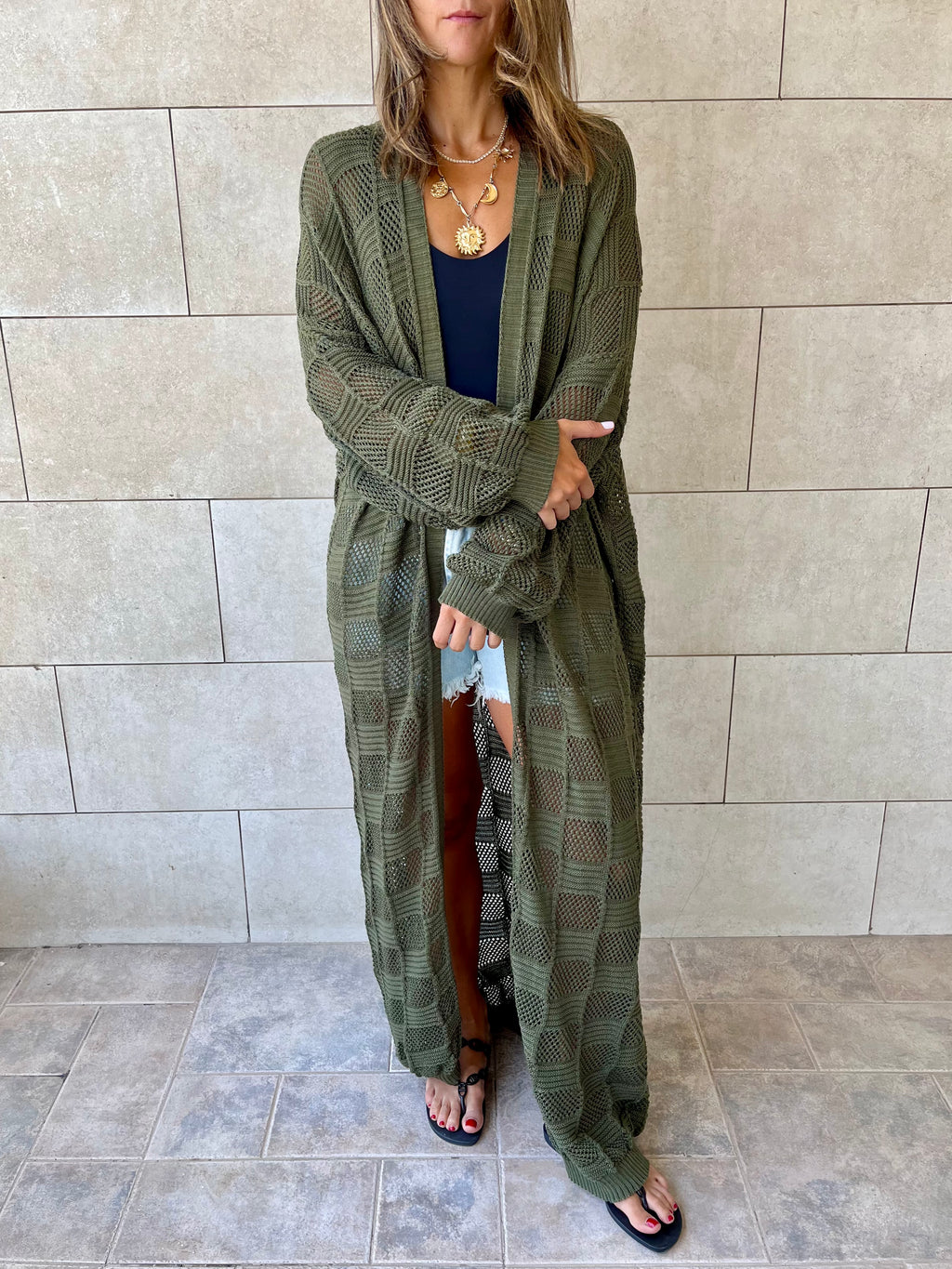 Olive Boxes Boxes Longline Crochet Kimono