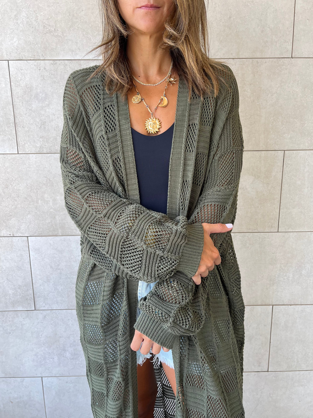 Olive Boxes Boxes Longline Crochet Kimono