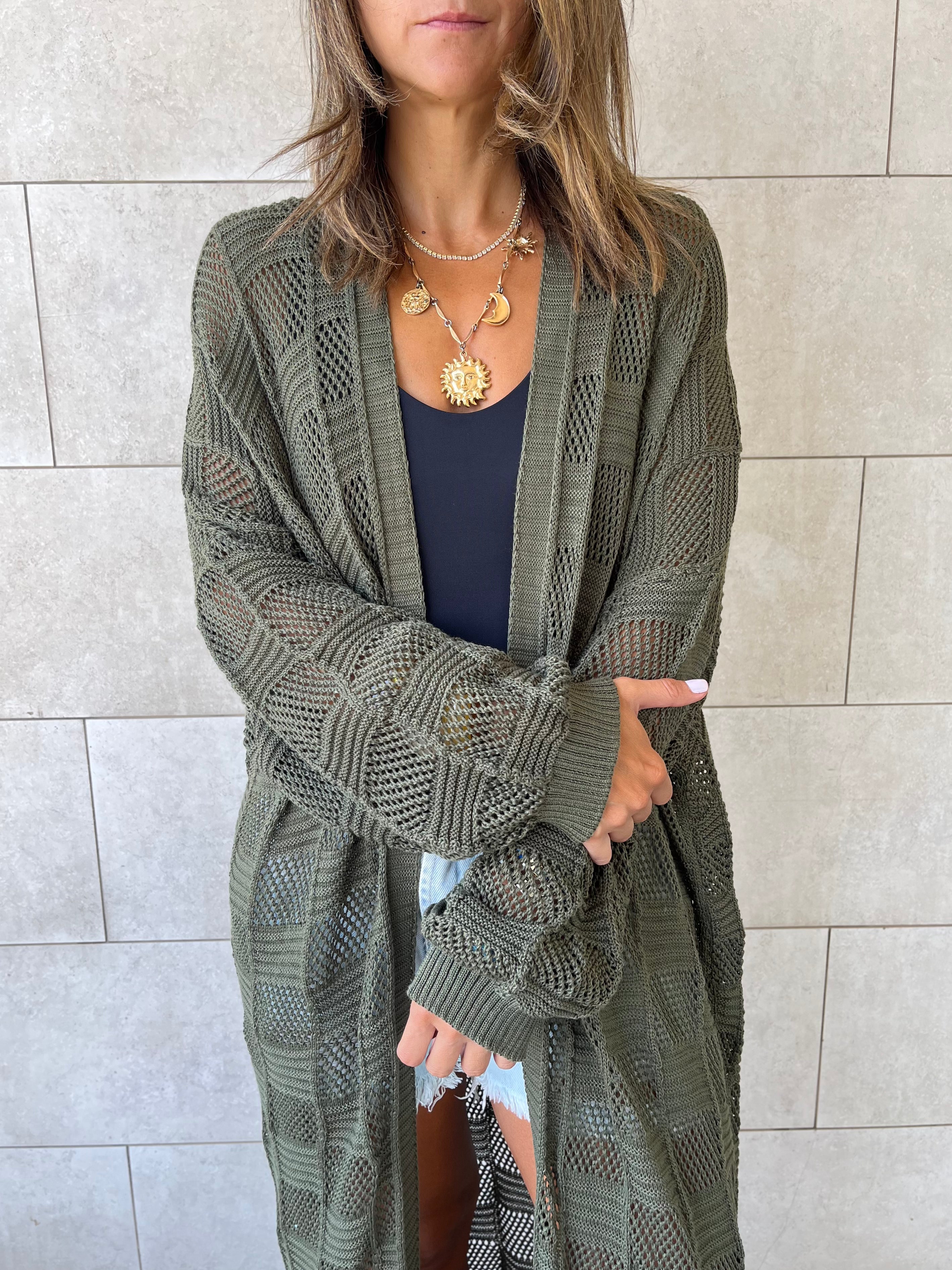 Olive Boxes Boxes Longline Crochet Kimono