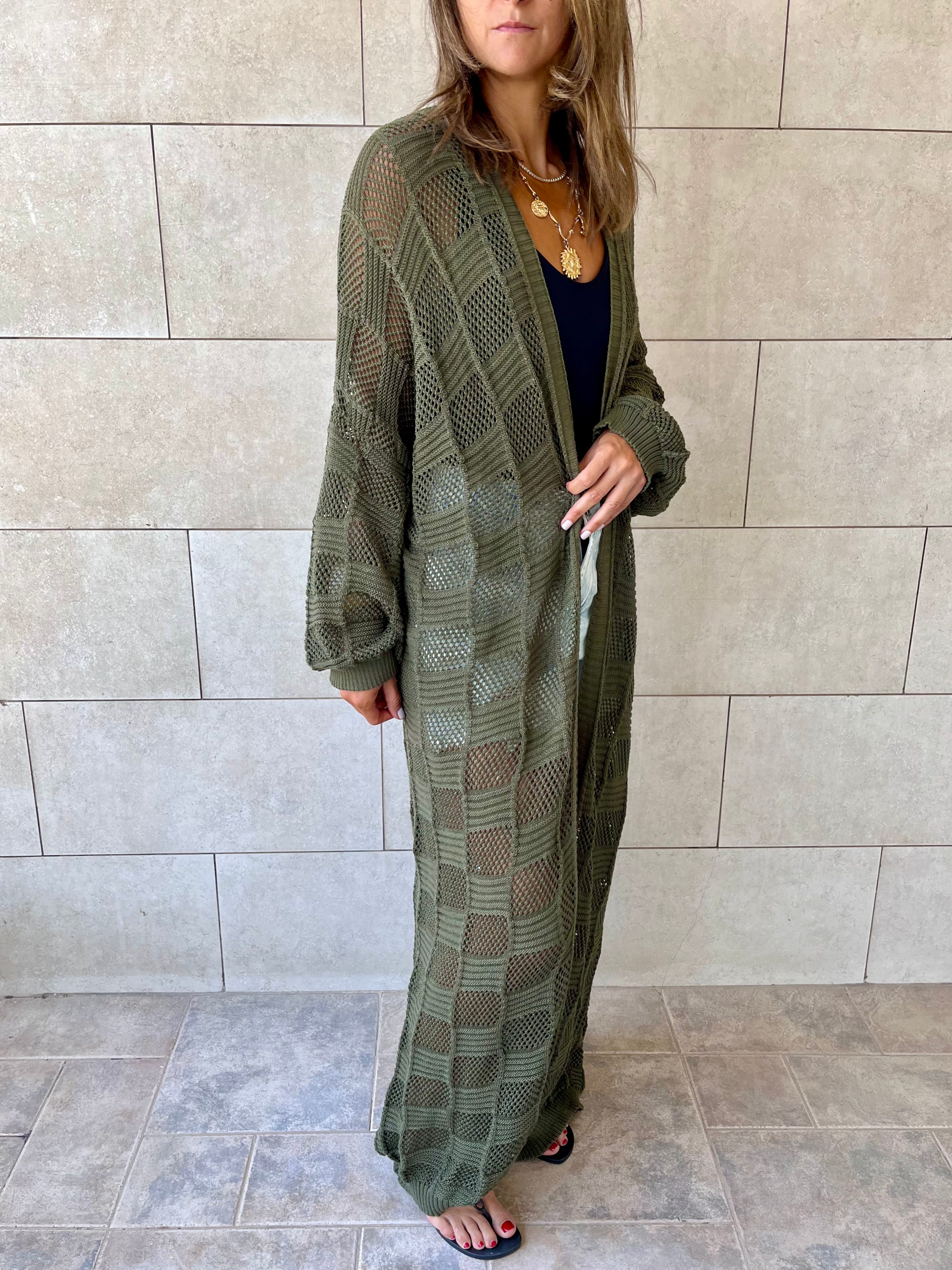 Olive Boxes Boxes Longline Crochet Kimono