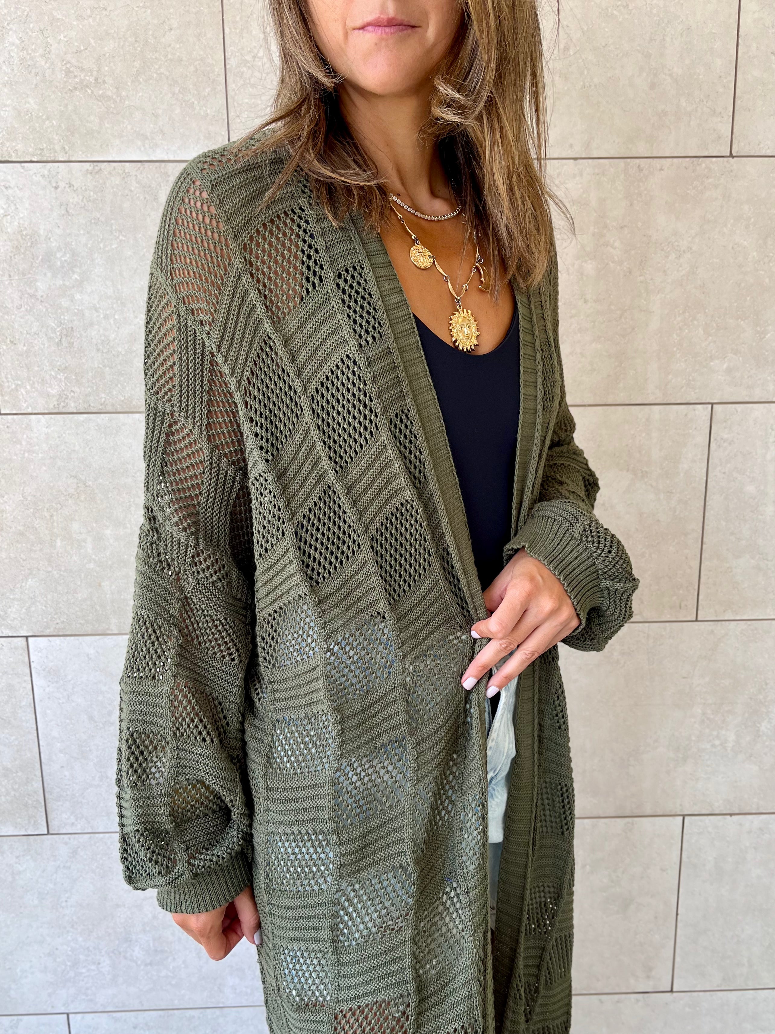 Olive Boxes Boxes Longline Crochet Kimono