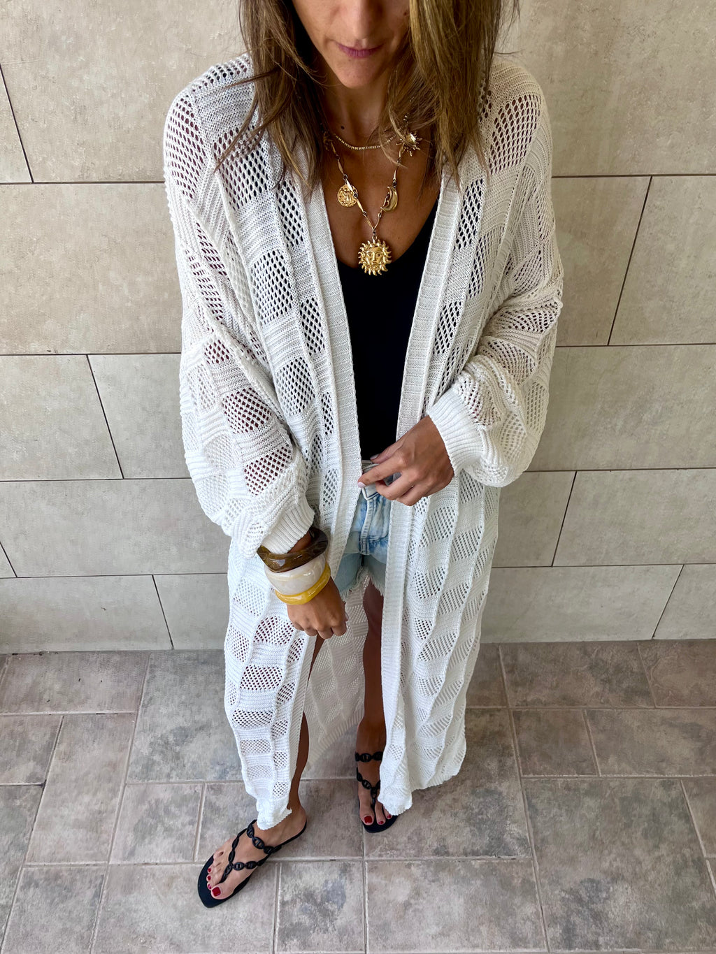 White Boxes Boxes Longline Crochet Kimono