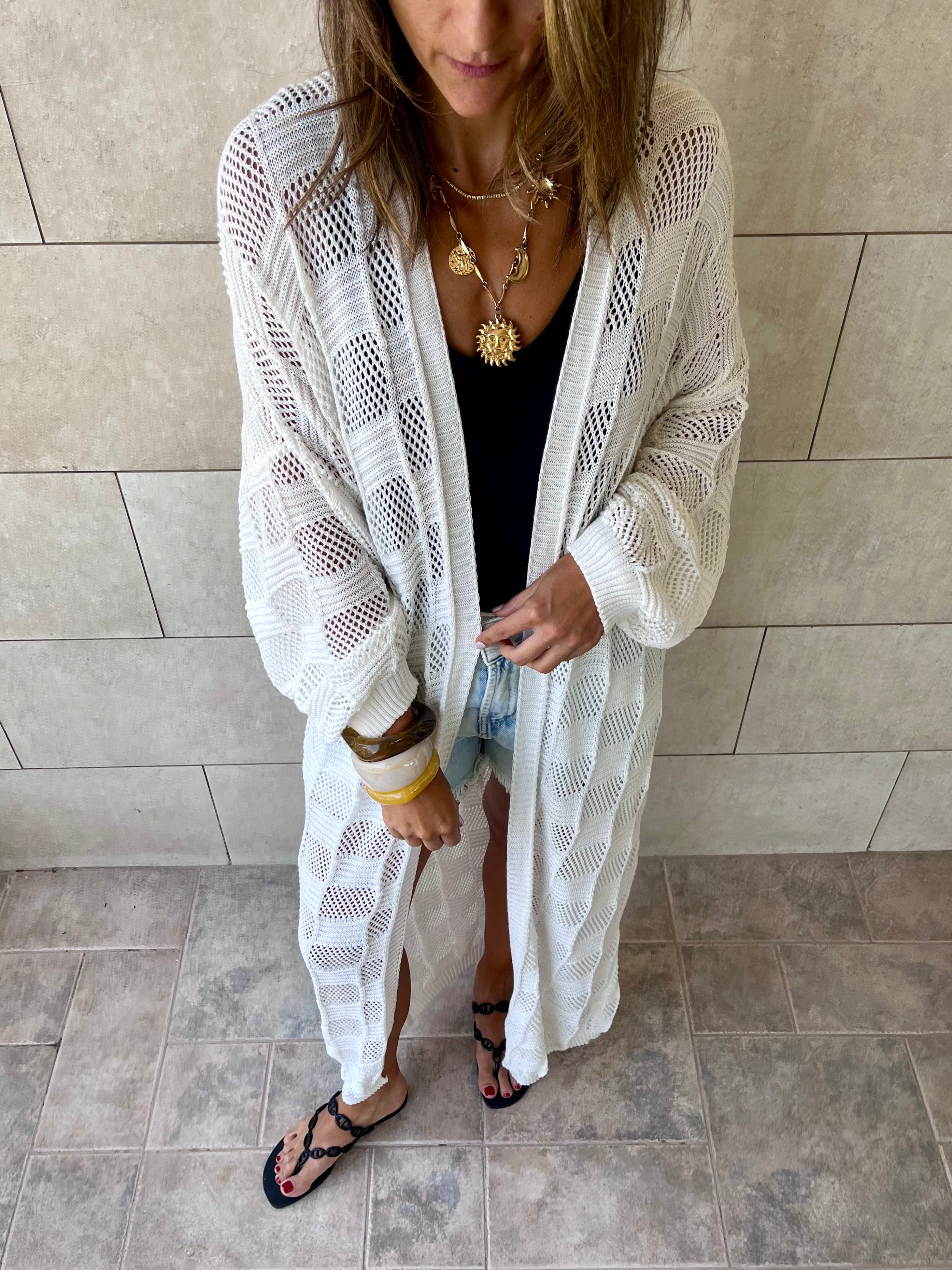 White Boxes Boxes Longline Crochet Kimono